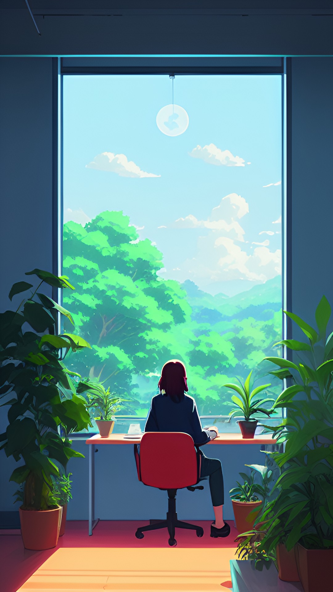 woman sitting at desk looking out window. plants. peace. calm. heart. preview