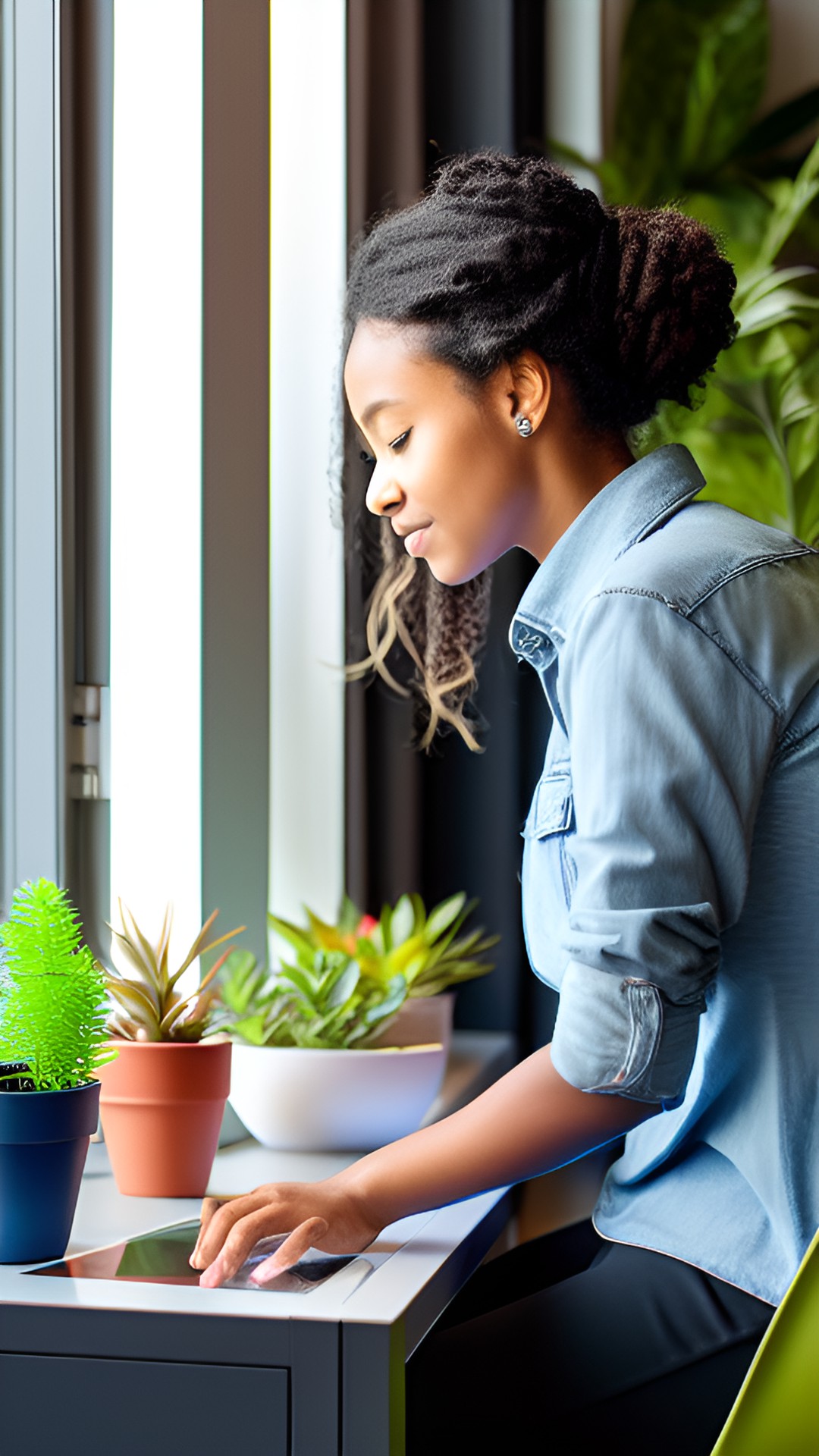 woman sitting at desk looking out window. plants. peace. calm. heart. preview