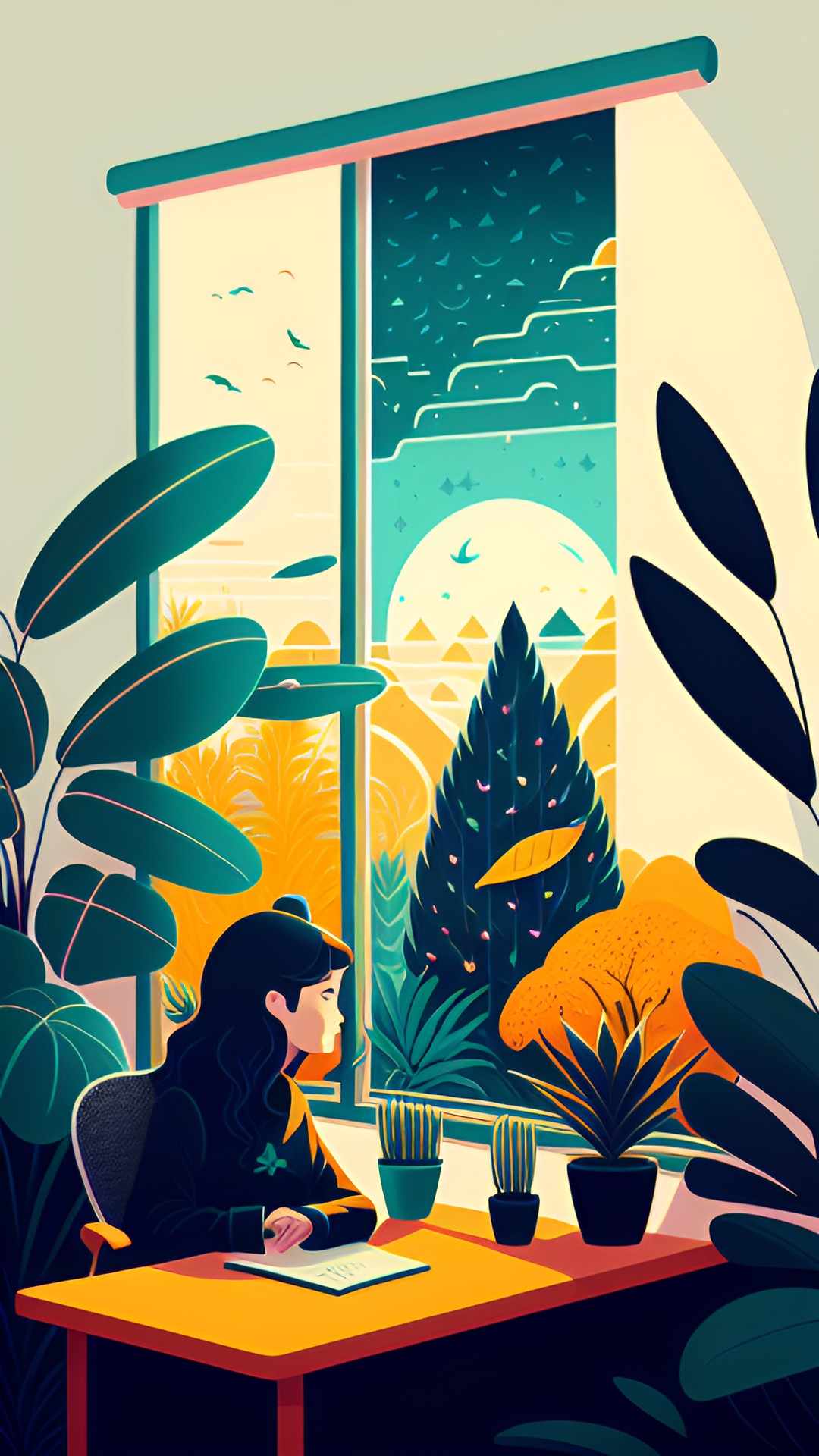 woman sitting at desk looking out window. plants. peace. calm. heart. preview