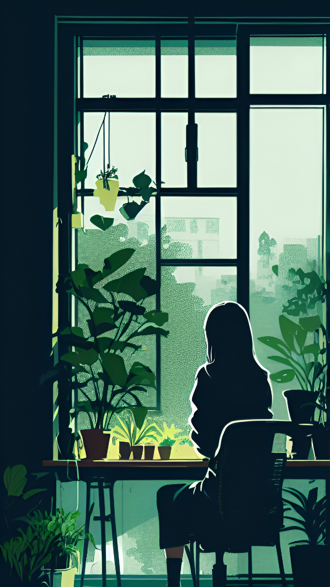 woman sitting at desk looking out window. plants. peace. calm. heart. preview