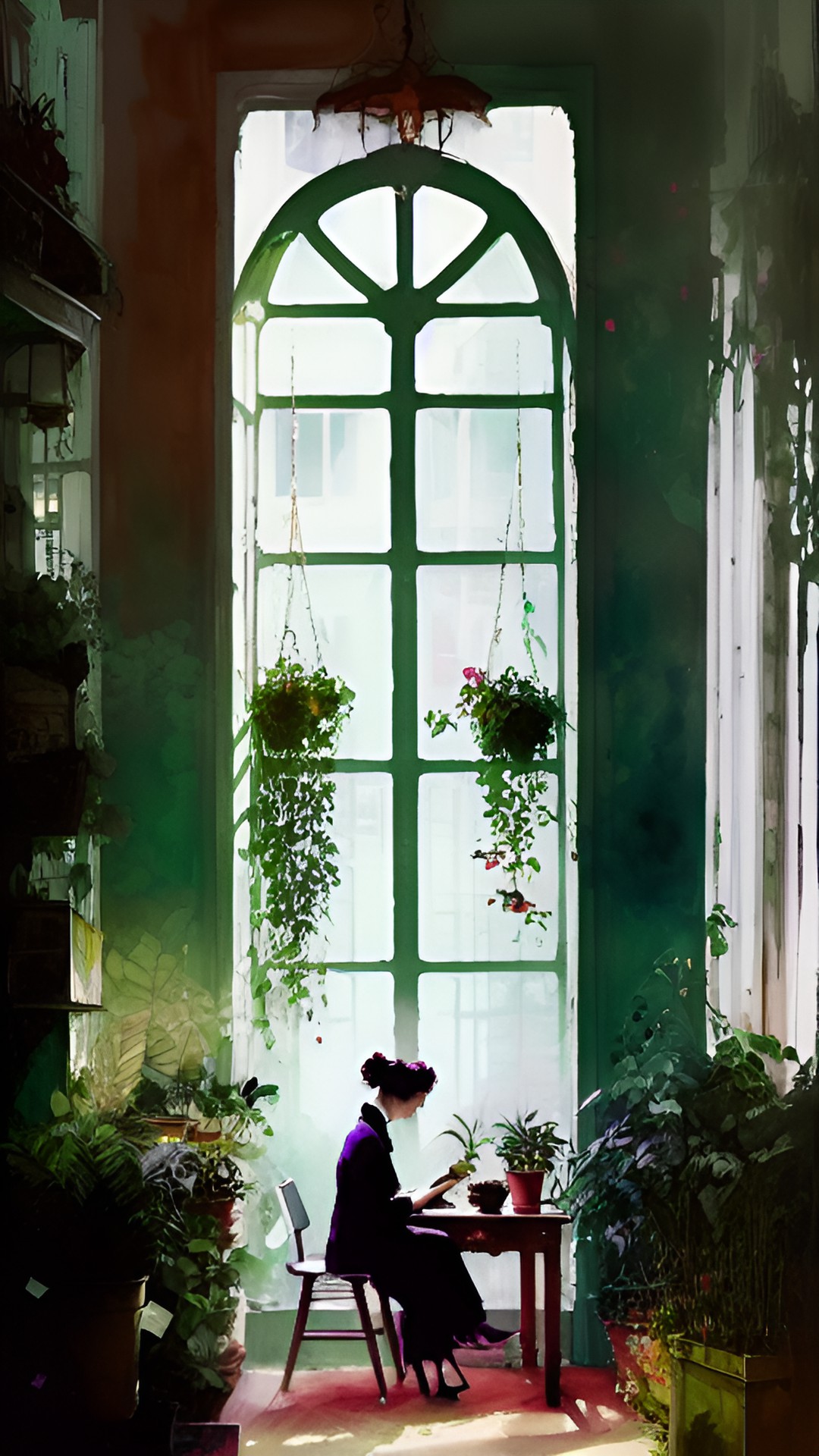 woman sitting at desk looking out window. plants. peace. calm. heart. preview