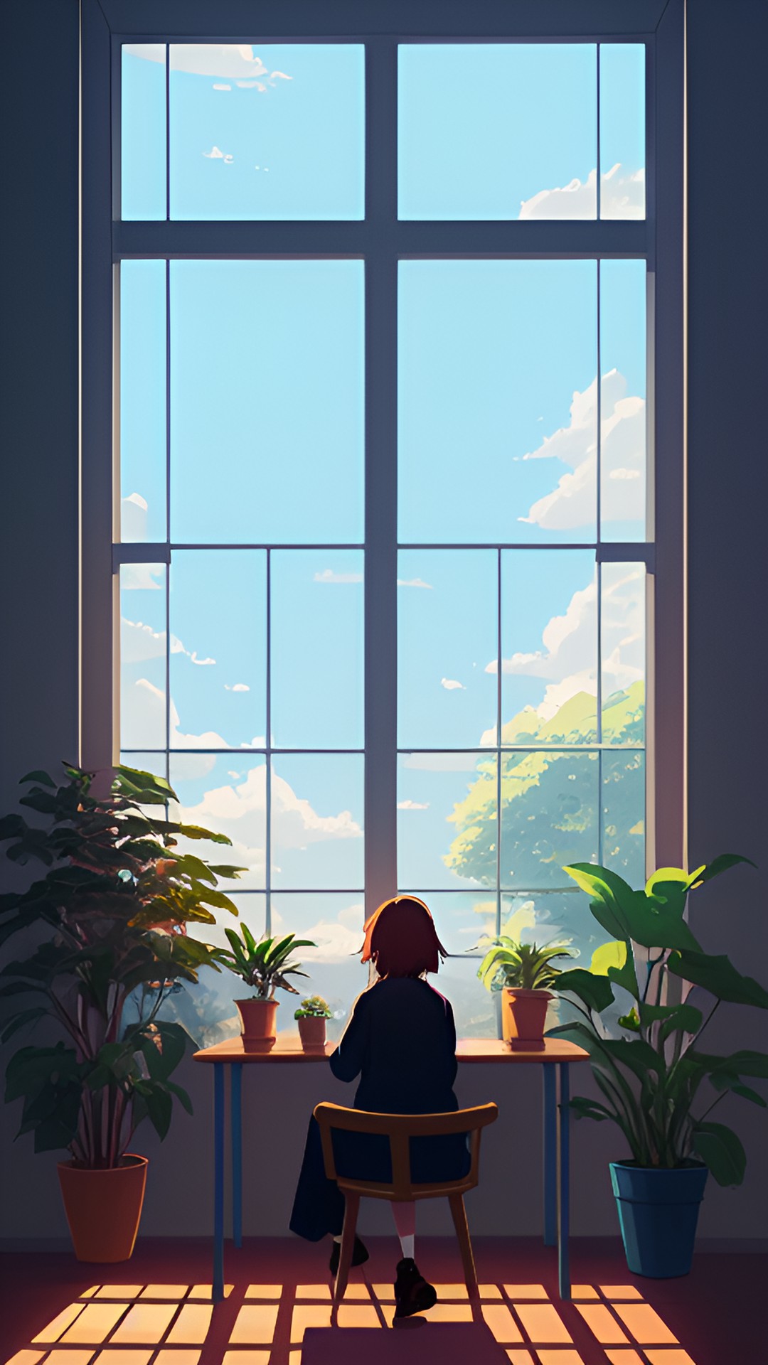 woman sitting at desk looking out window. plants. peace. calm. heart. preview