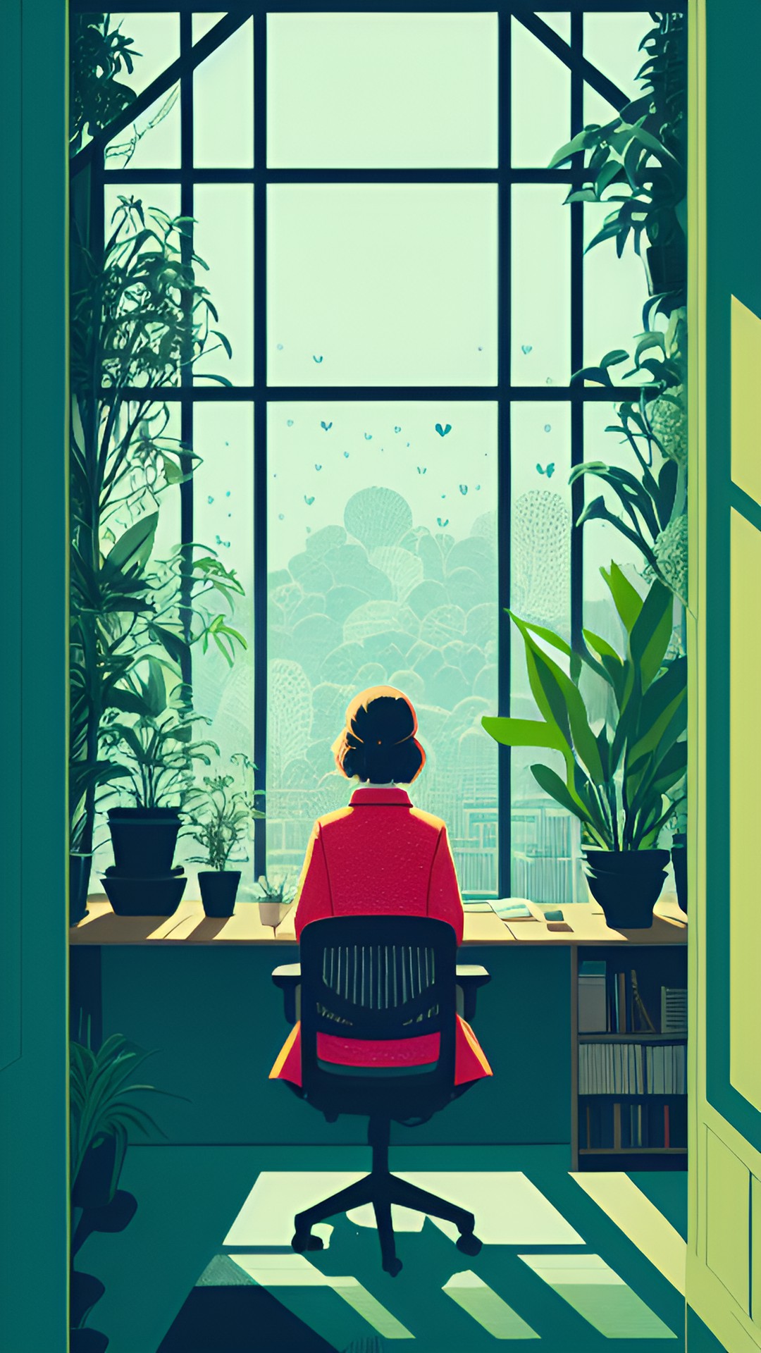 woman sitting at desk looking out window. plants. peace. calm. heart. preview