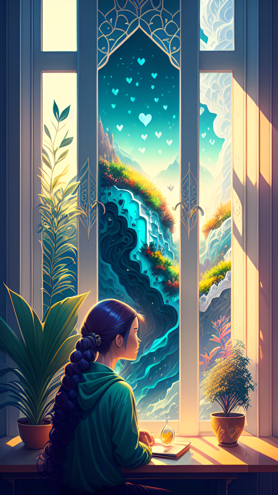 woman sitting at desk looking out window. plants. peace. calm. heart. preview