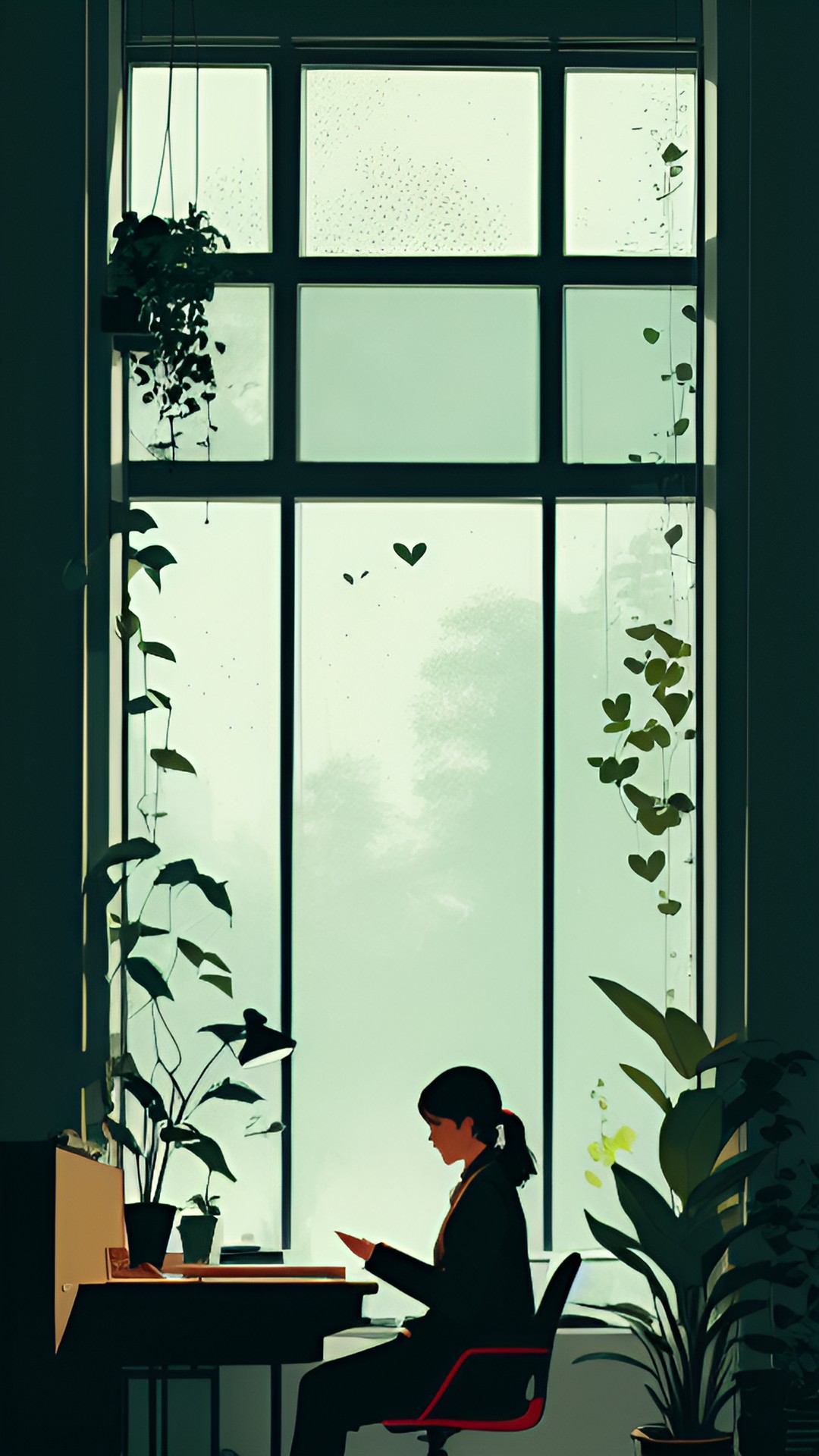 woman sitting at desk looking out window. plants. peace. calm. heart. preview