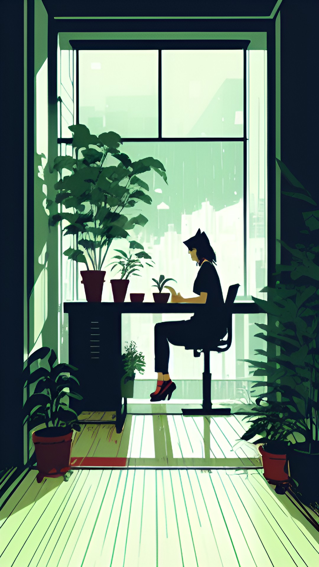 woman sitting at desk looking out window. plants. peace. calm. heart. cat. coffee. preview