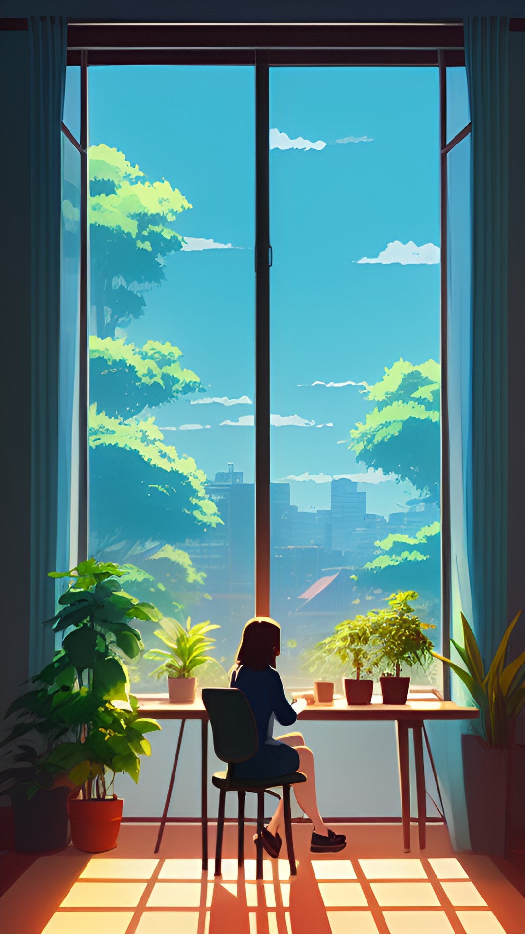 woman sitting at desk looking out window. plants. peace. calm. heart. preview