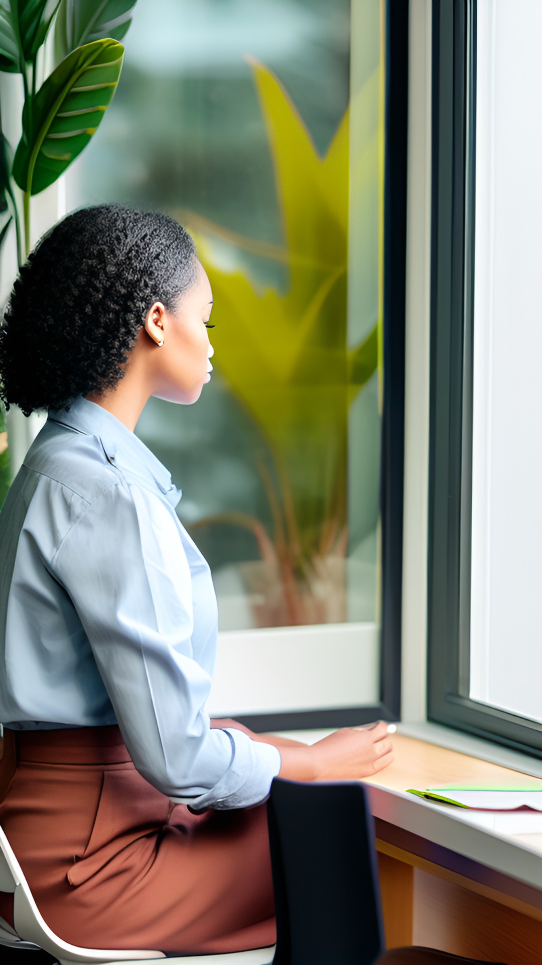 woman sitting at desk looking out window. plants. peace. calm. heart. preview