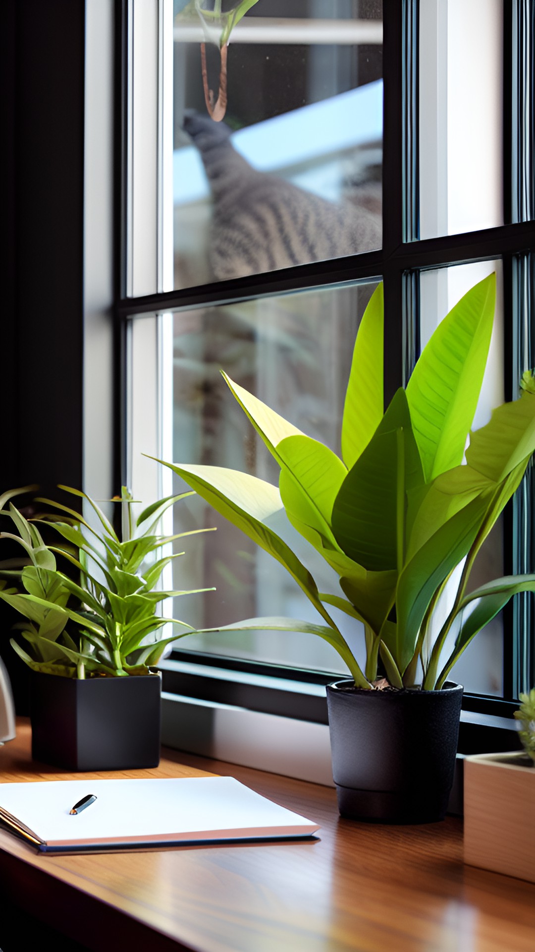 woman sitting at desk looking out window. plants. peace. calm. heart. cat. coffee. preview