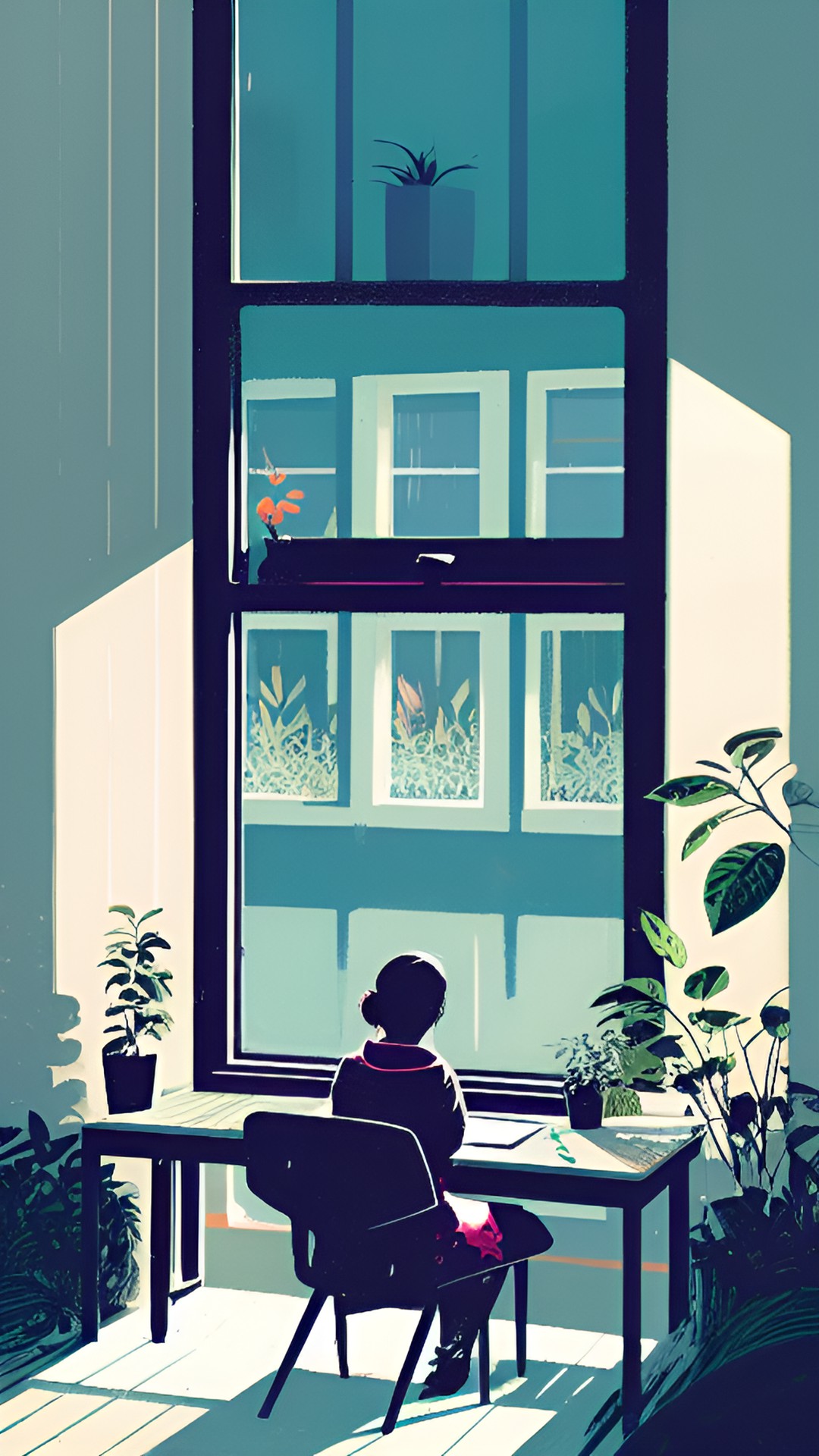 woman sitting at desk looking out window. plants. peace. calm. heart. cat. coffee. preview