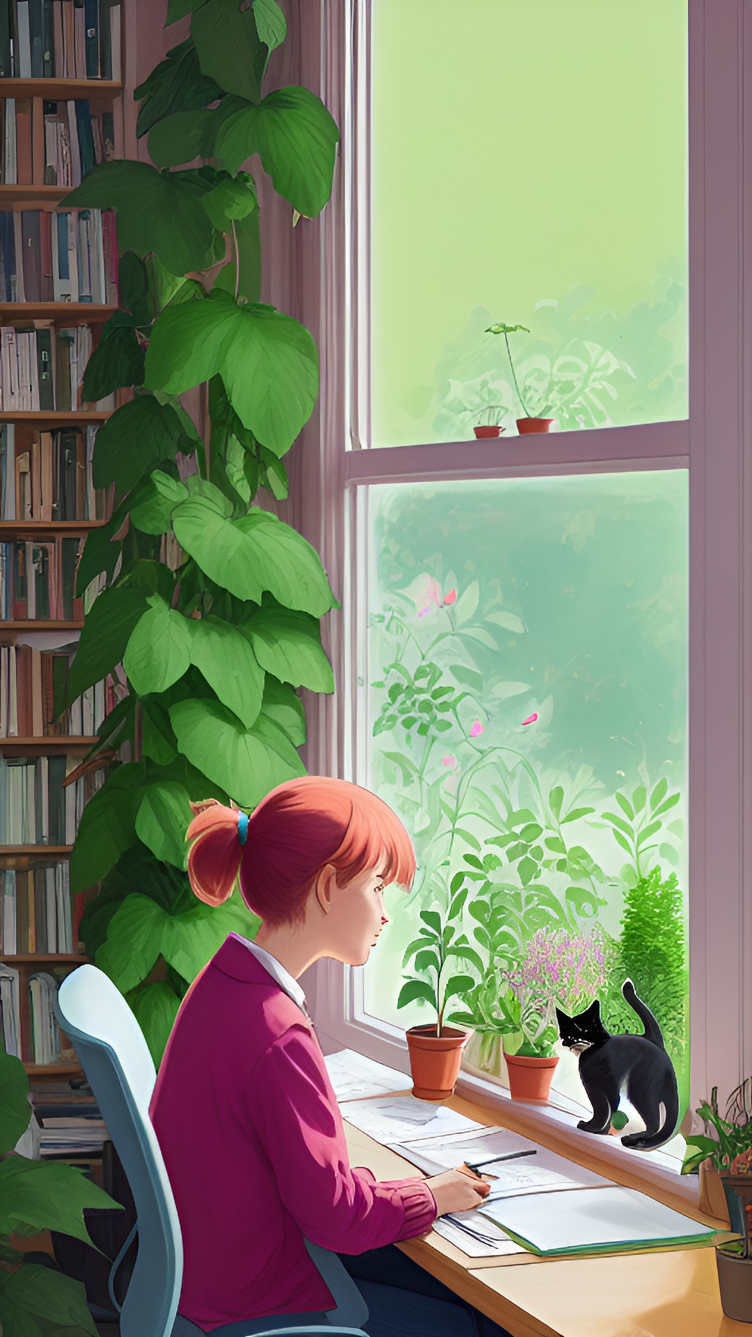 woman sitting at desk looking out window. plants. peace. calm. heart. cat. coffee. preview