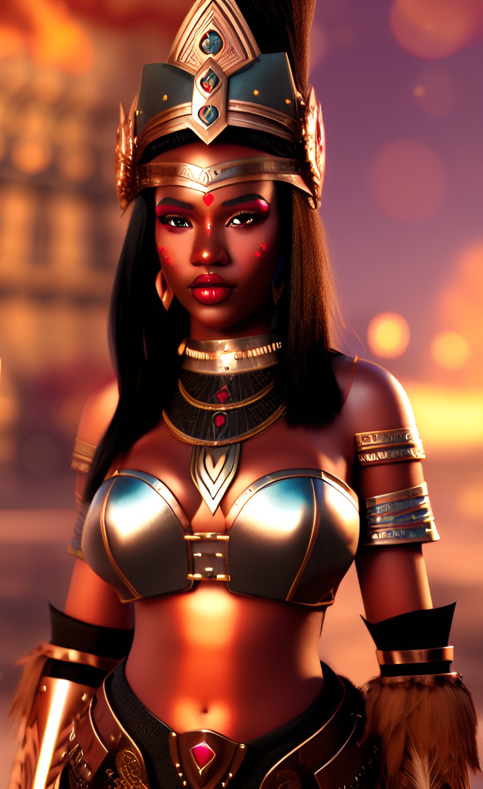 buxom warrior princess, black hair, copper skin, metallic skin, ruby lips, ruby cheeks.  dream v2 art style preview