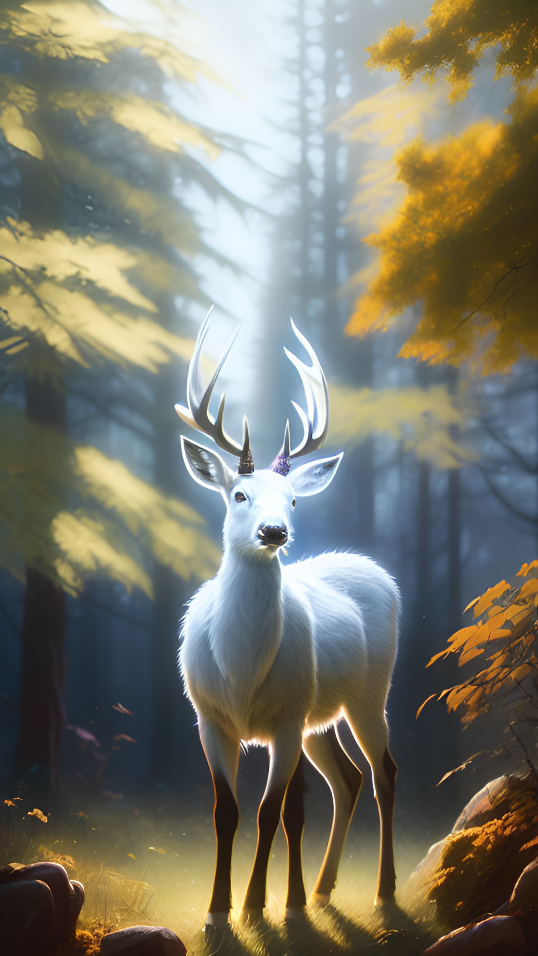 magic white deer spirit. very large attire. backlight. fantasy. preview