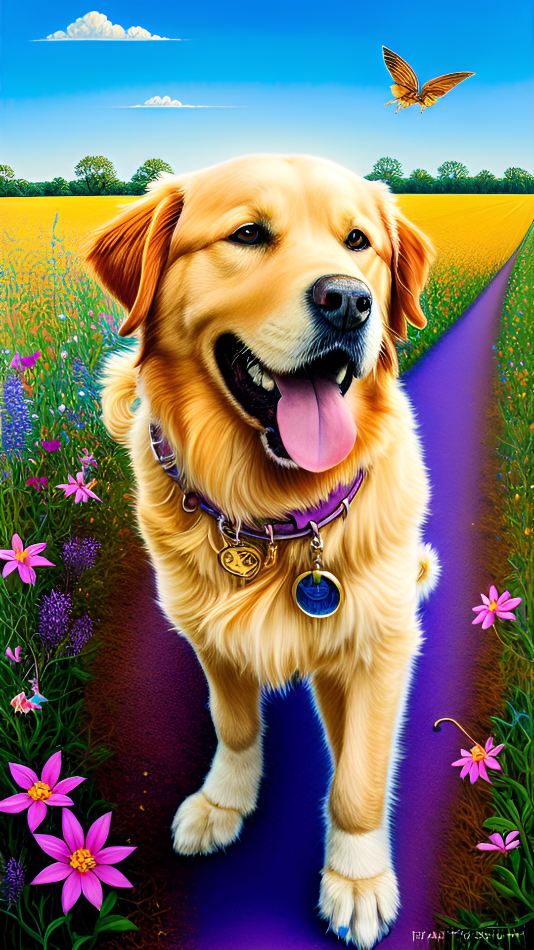 🐕😄 - a happy golden retriever with a wagging tail, running through a sun-kissed field of wildflowers with a bright blue sky in the background." preview