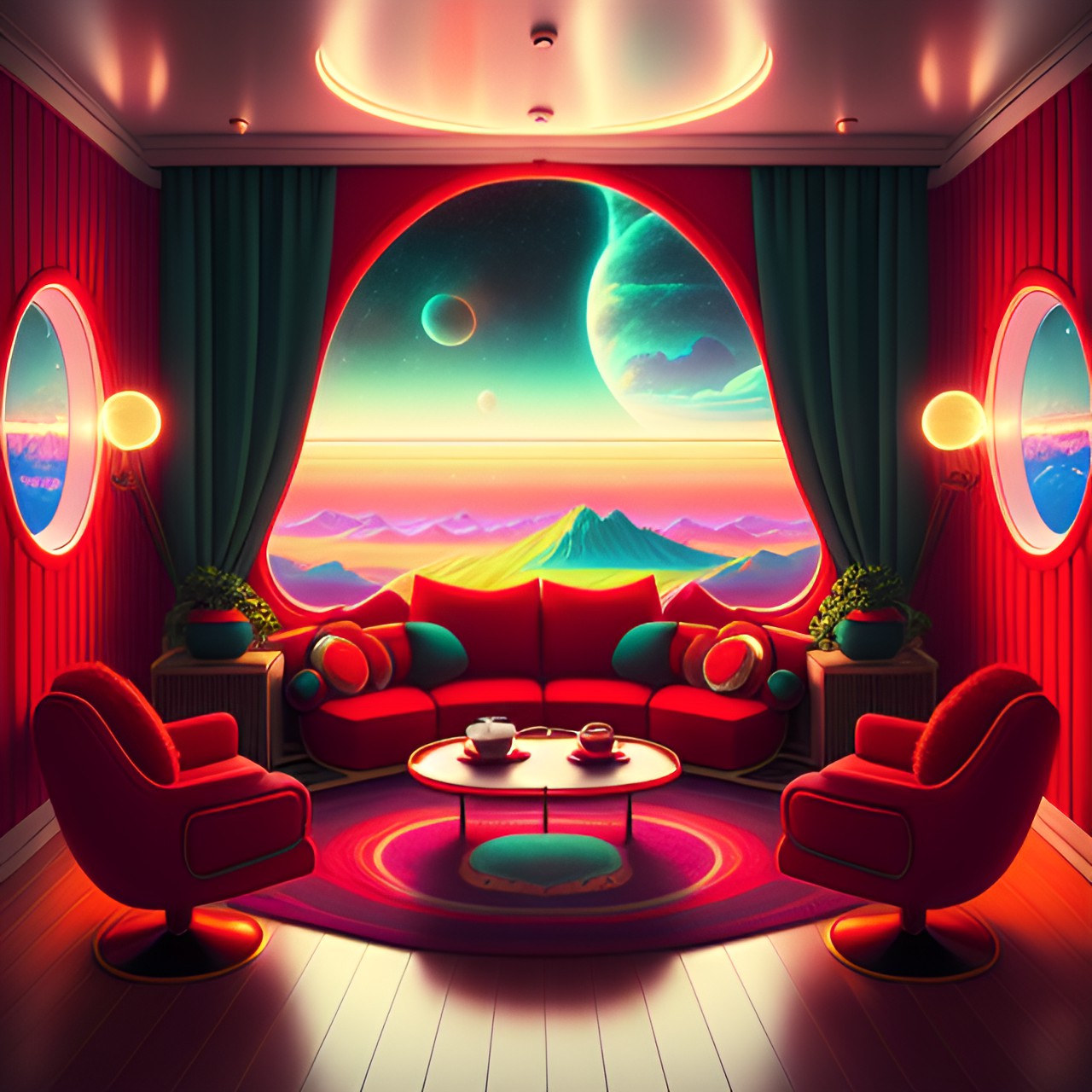 this cozy living red room on a space ship features a large, oval-shaped window, the furniture is warm and inviting, with a plush sofa and armchair upholstered in a rich fabric. a wooden coffee table sits at the center of the room, greenery 8k hd preview