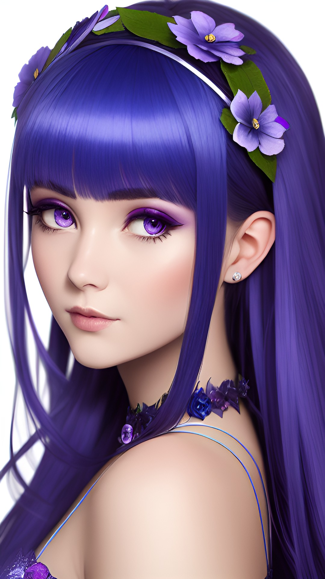 fairy woman.  blue and purple hair.  on the head is a wreath.almond-shaped eyes, clear without blur. preview