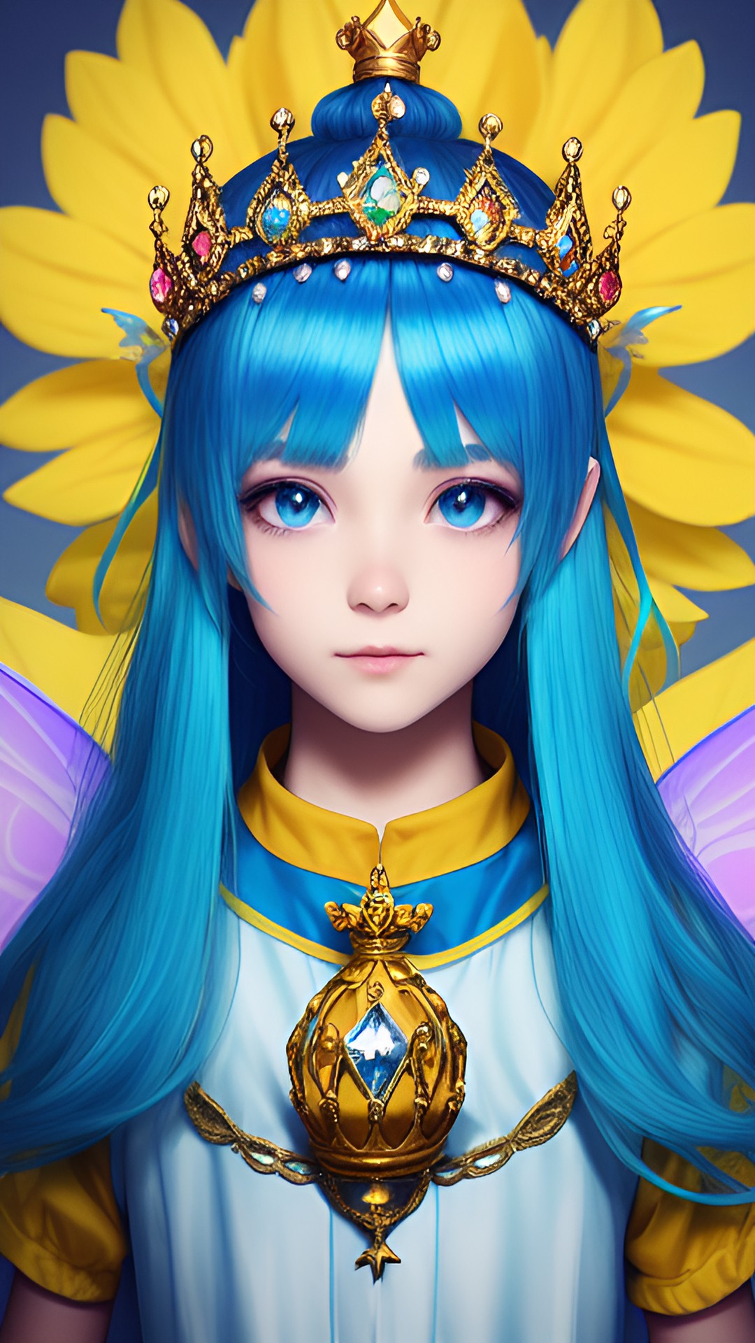 fairy man. yellow and blue hair.  crown on head.almond-shaped eyes, clear without blur. preview