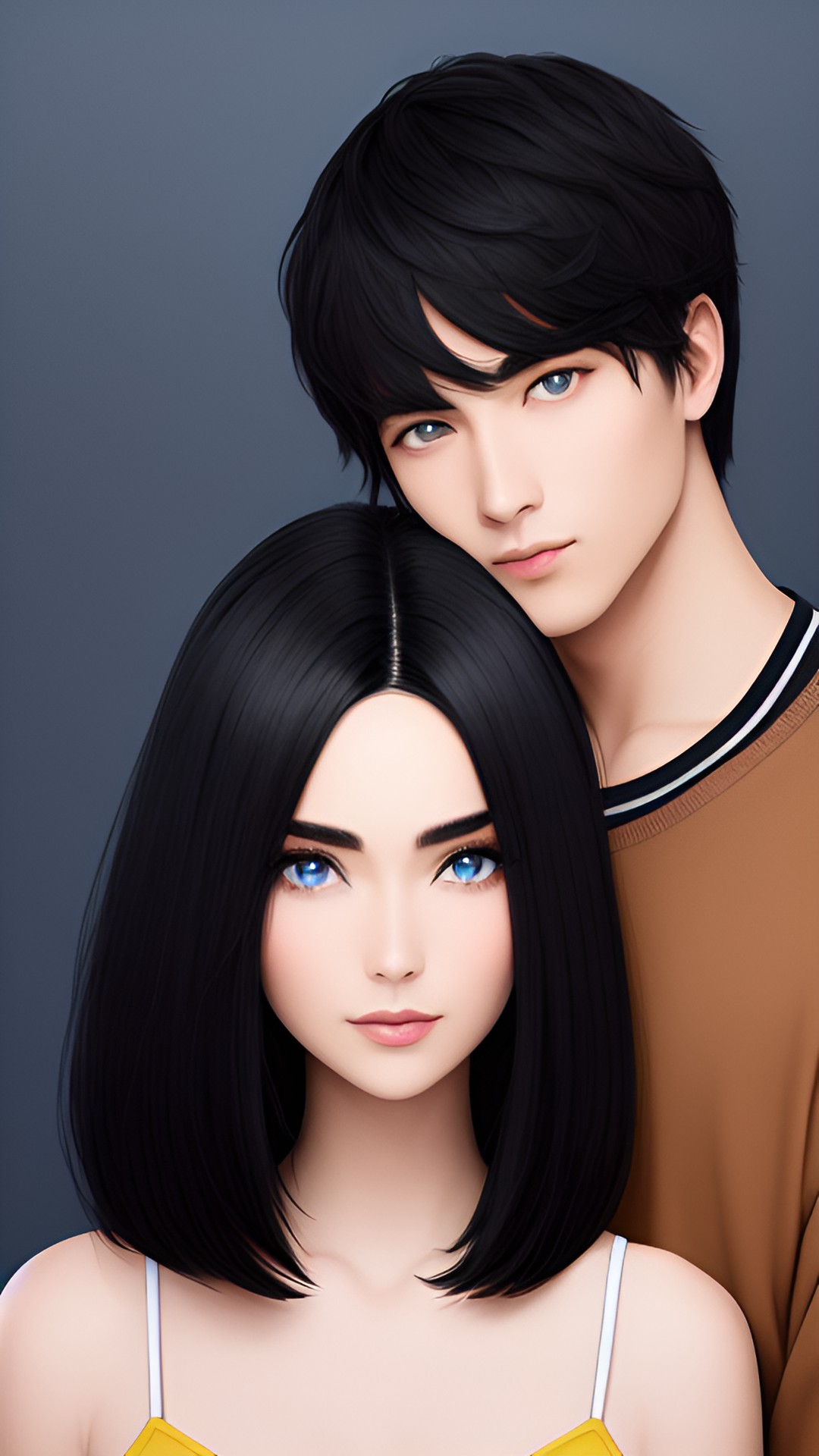 woman and man. woman black hair and brown eyes. man gray hair and blue eyes.the corners of the eyes are raised, clear without blur. preview