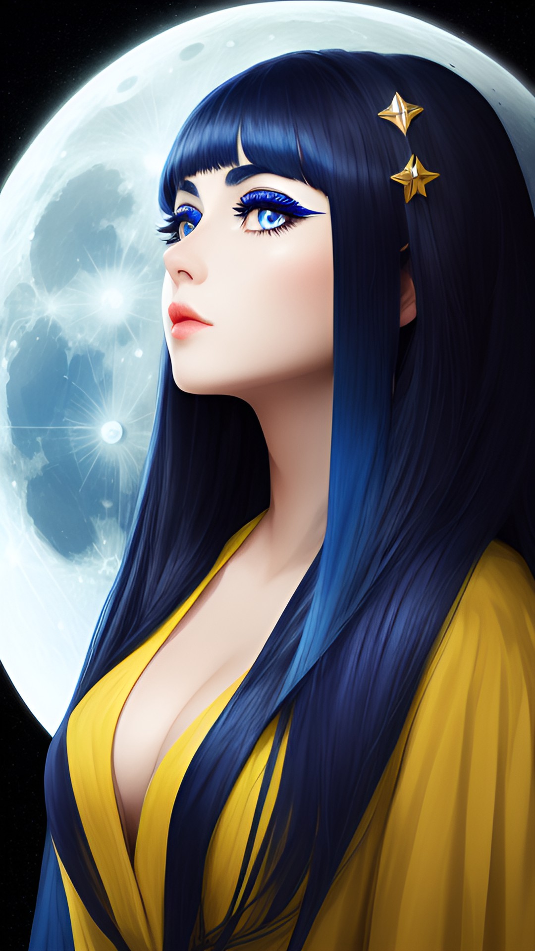 moon woman. dark-blue hair and yellow eyes. almond-shaped eyes, clear without blur. preview