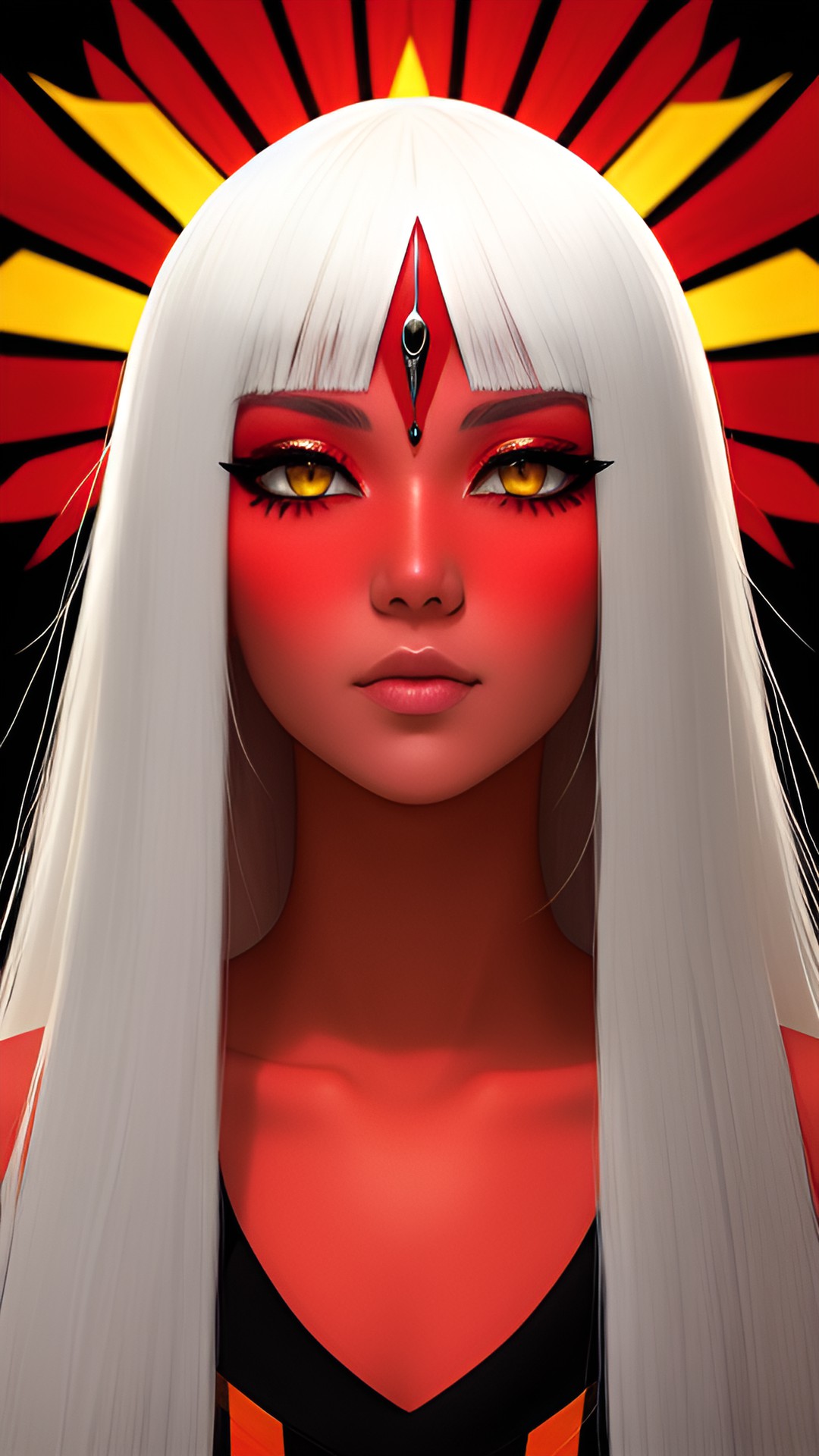 sun woman. yellow hair and red eyes. oriental eye cut, clear without blur. preview