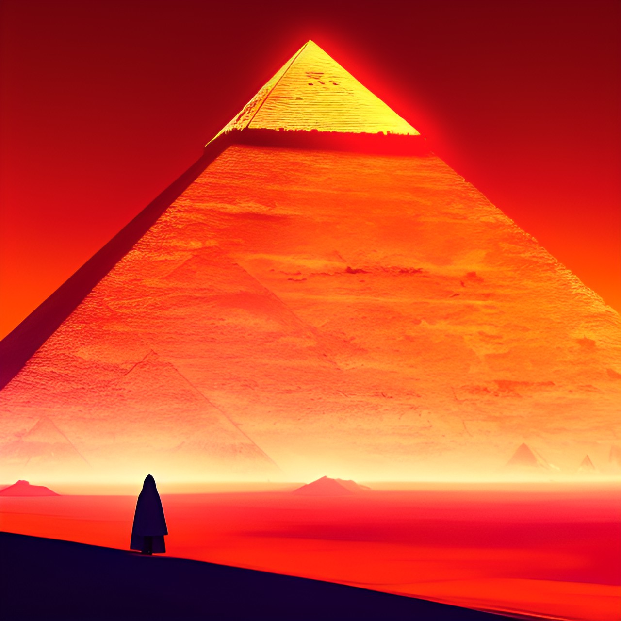 Blood pyramid - white-cloaked man standing in front of a red pyramid in a red desert preview