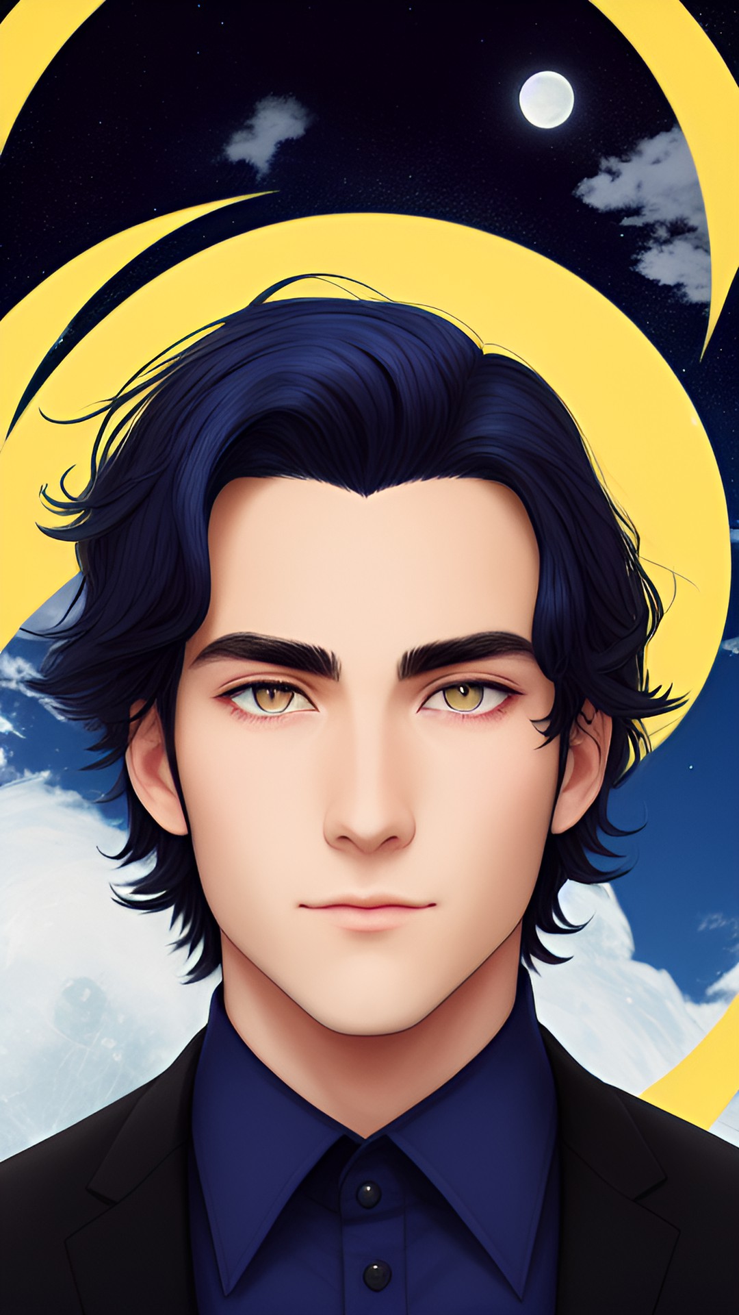 guy with dark blue hair and yellow eyes.  there is a full moon in the sky.almond-shaped eyes, clear without blur. preview