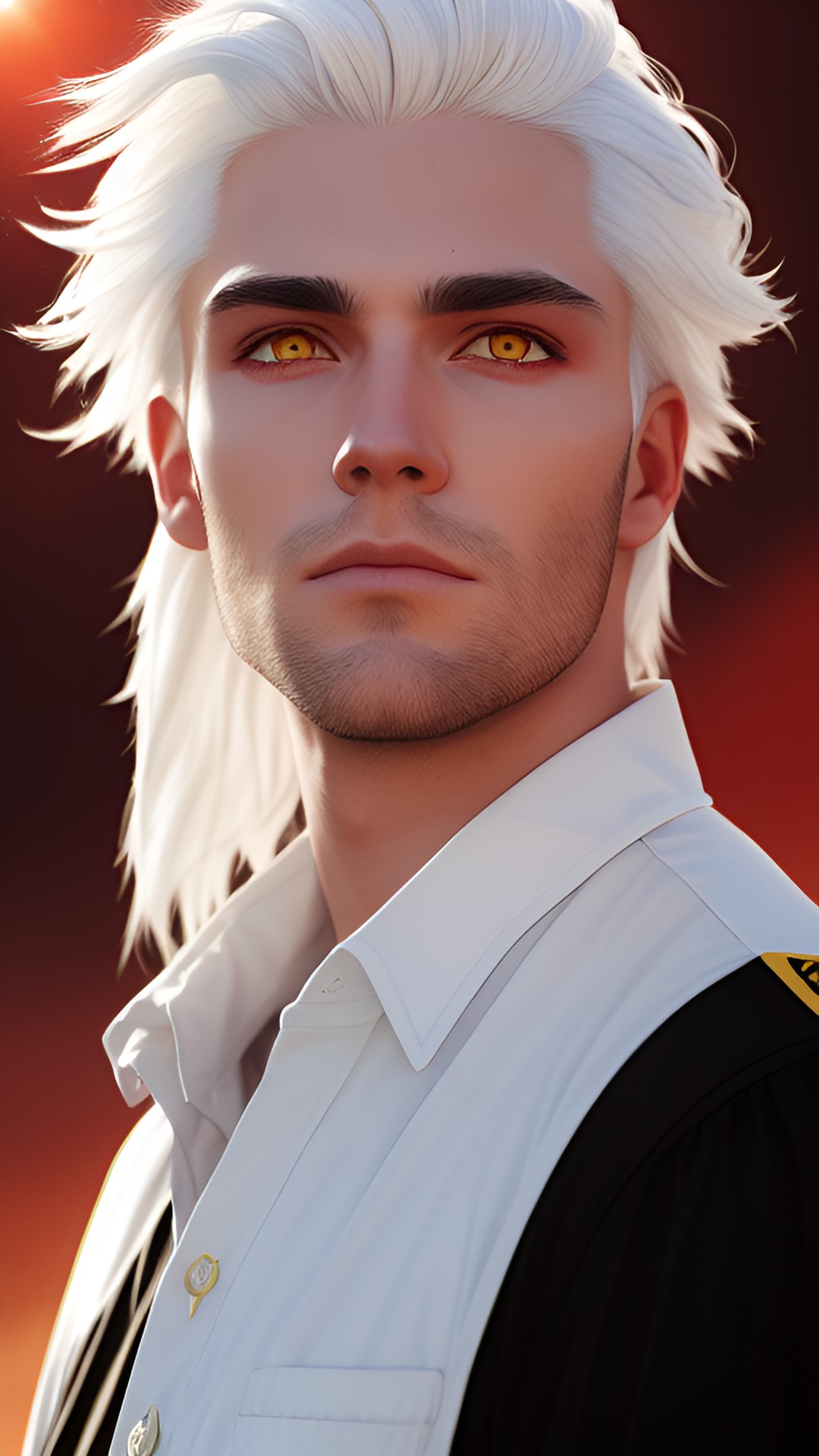 guy with white hair and yellow eyes. red skin. the sun is in the sky. preview