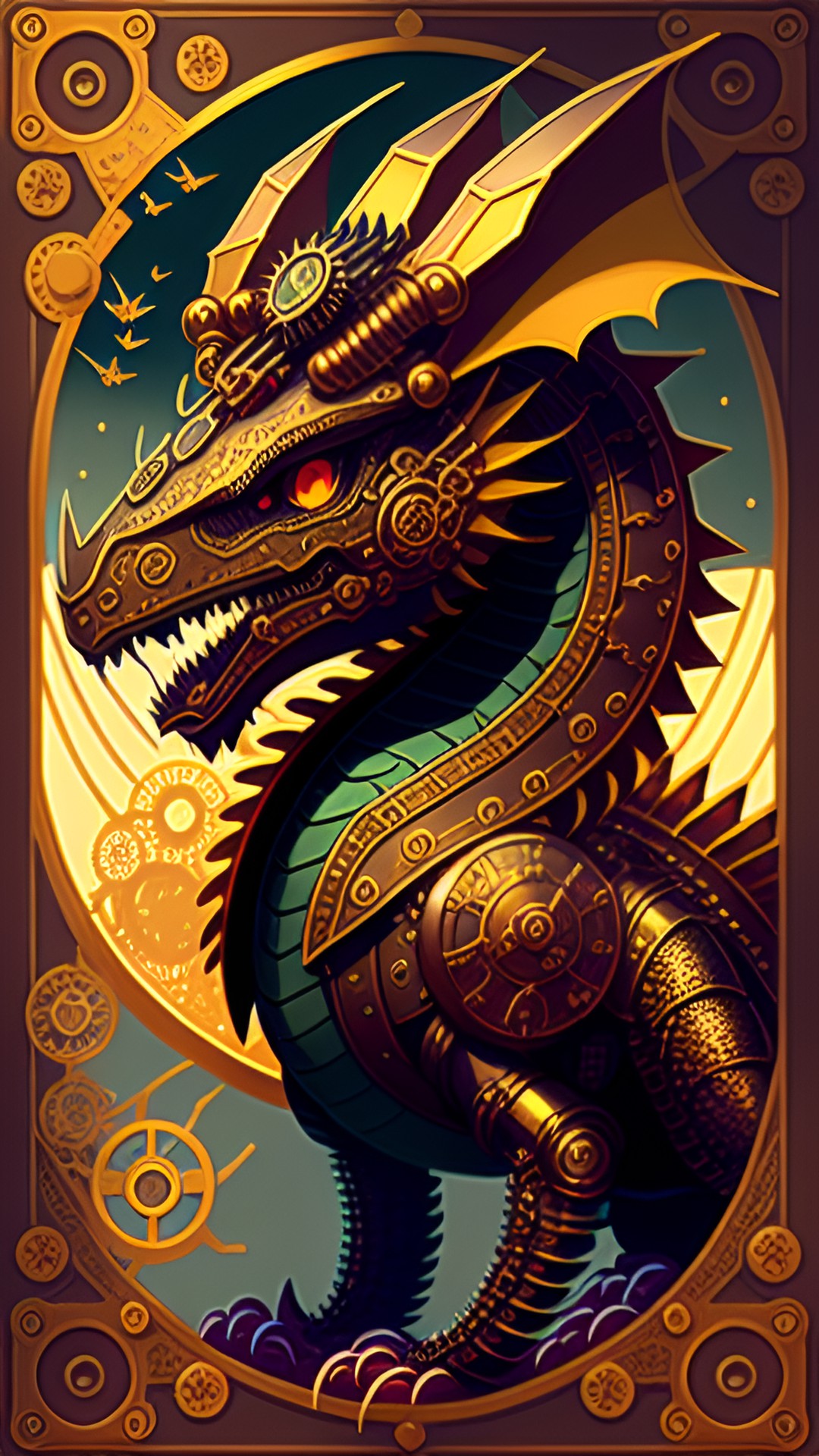 steampunk dragon with bronze gears and cogs embedded in its metallic scales. it breathes out steam instead of fire and flies on mechanical wings. preview