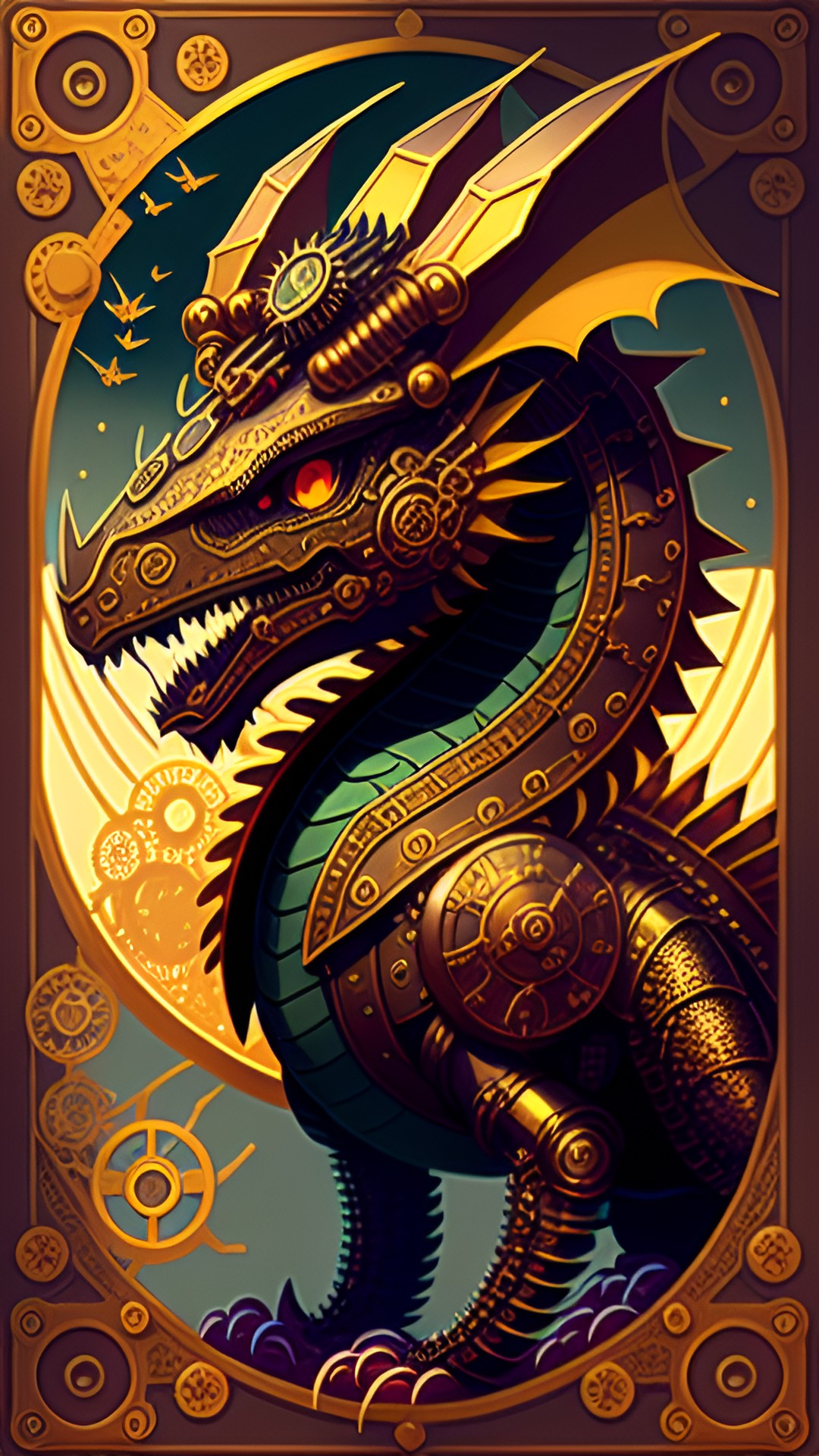 steampunk dragon with bronze gears and cogs embedded in its metallic scales. it breathes out steam instead of fire and flies on mechanical wings. preview