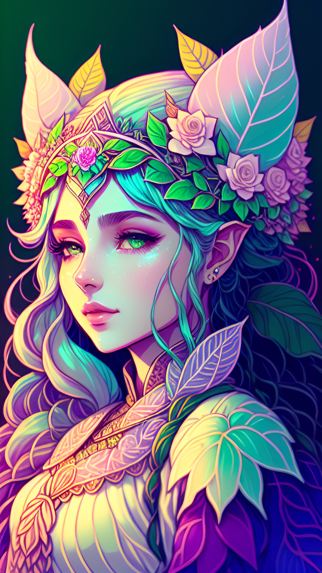 elegant elven queen wearing leafy floral crown preview