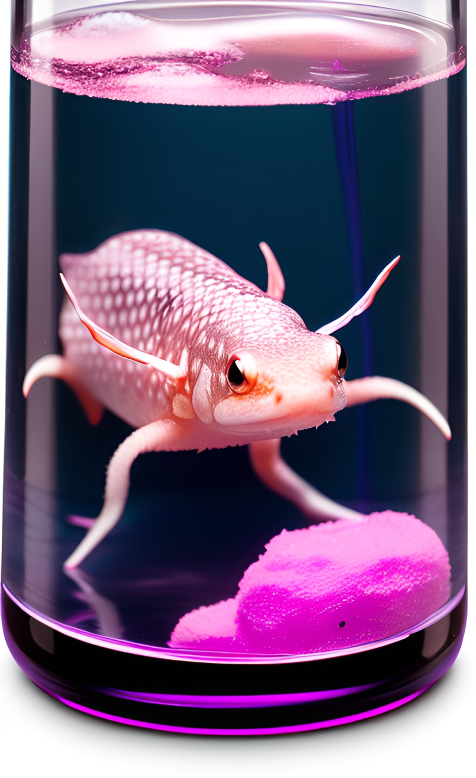 Weird bug on axolotl - cute axolotl in a flask filled with pink clear liquid. - cute axolotl swims in a flask of pink liquid. its tiny legs paddle in the clear substance, while its curious eyes scan the laboratory. preview