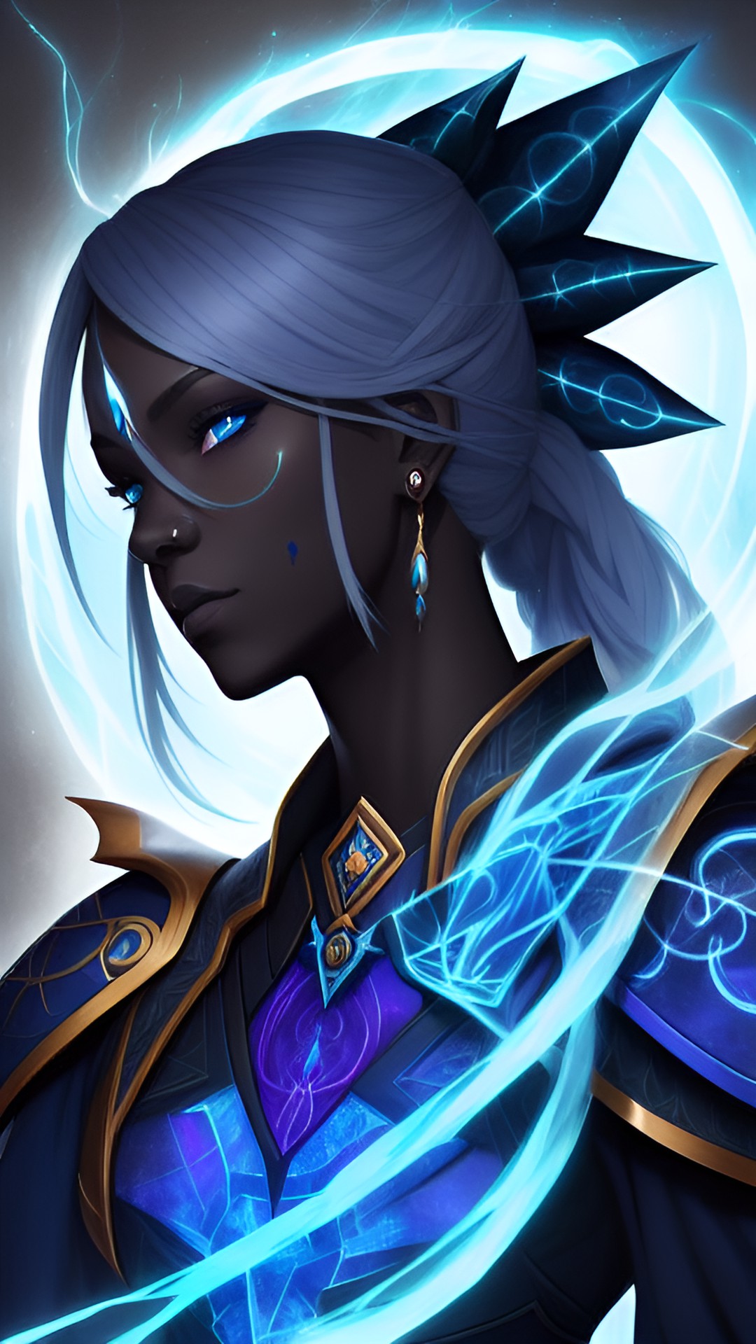 stormsoul, sylph, woman, dark skin, grey skin, blue tattoos, magus, fantasy, portrait preview