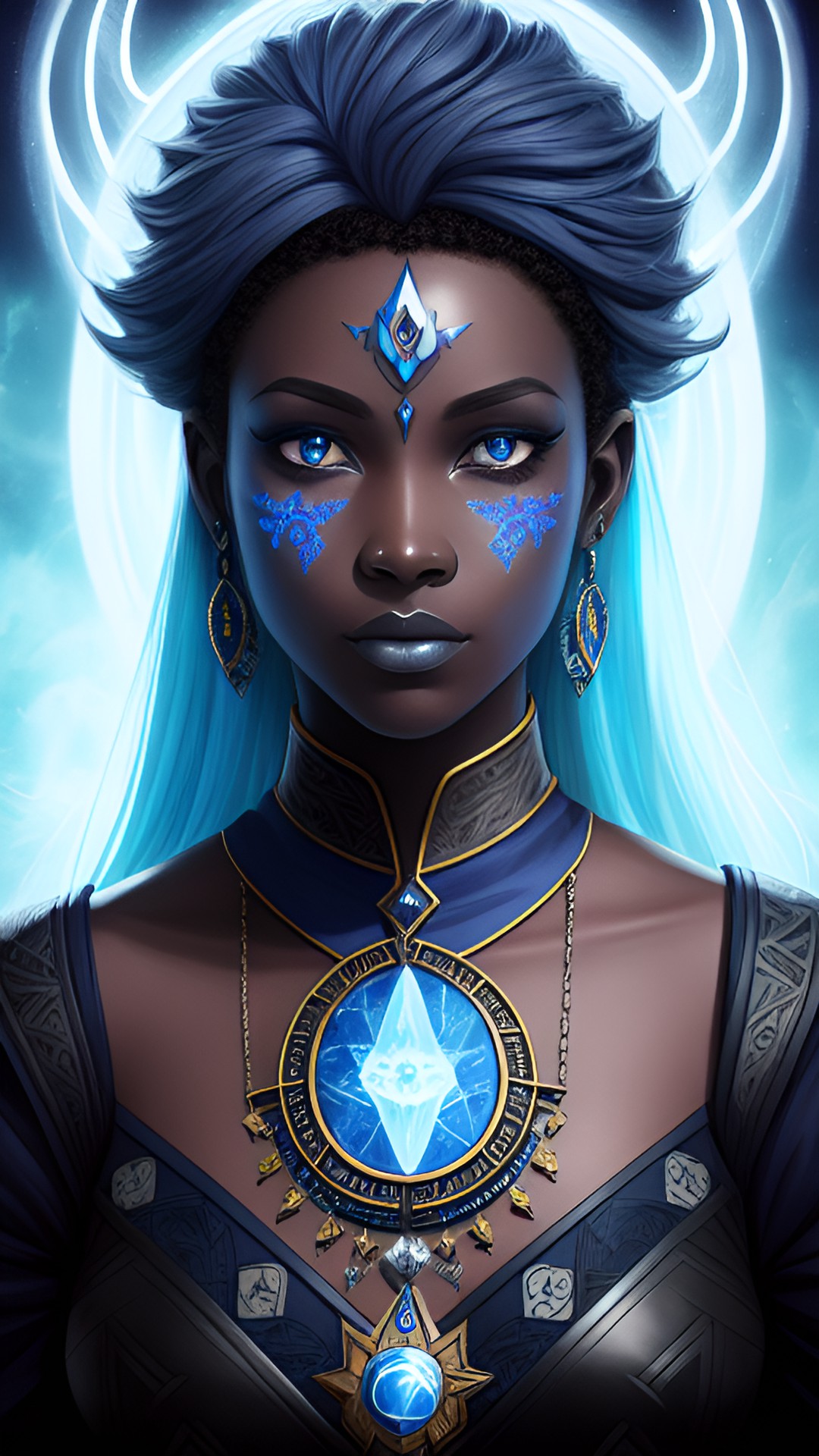 stormsoul, sylph, woman, dark skin, grey skin, blue tattoos, magus, fantasy, portrait preview