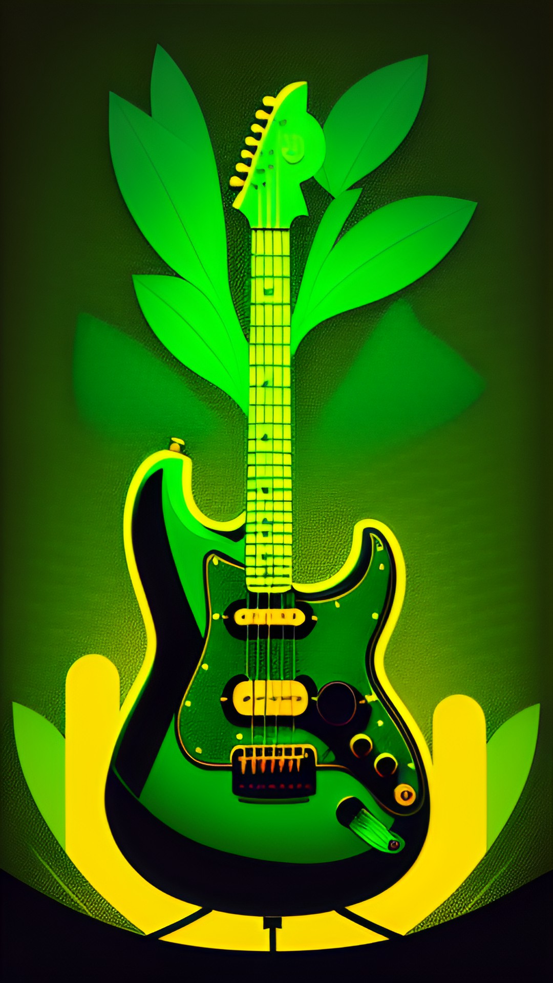 🥬🎸 - a green leafy guitar rockin' out on a stage with flashing lights and cheering fans in the background. preview