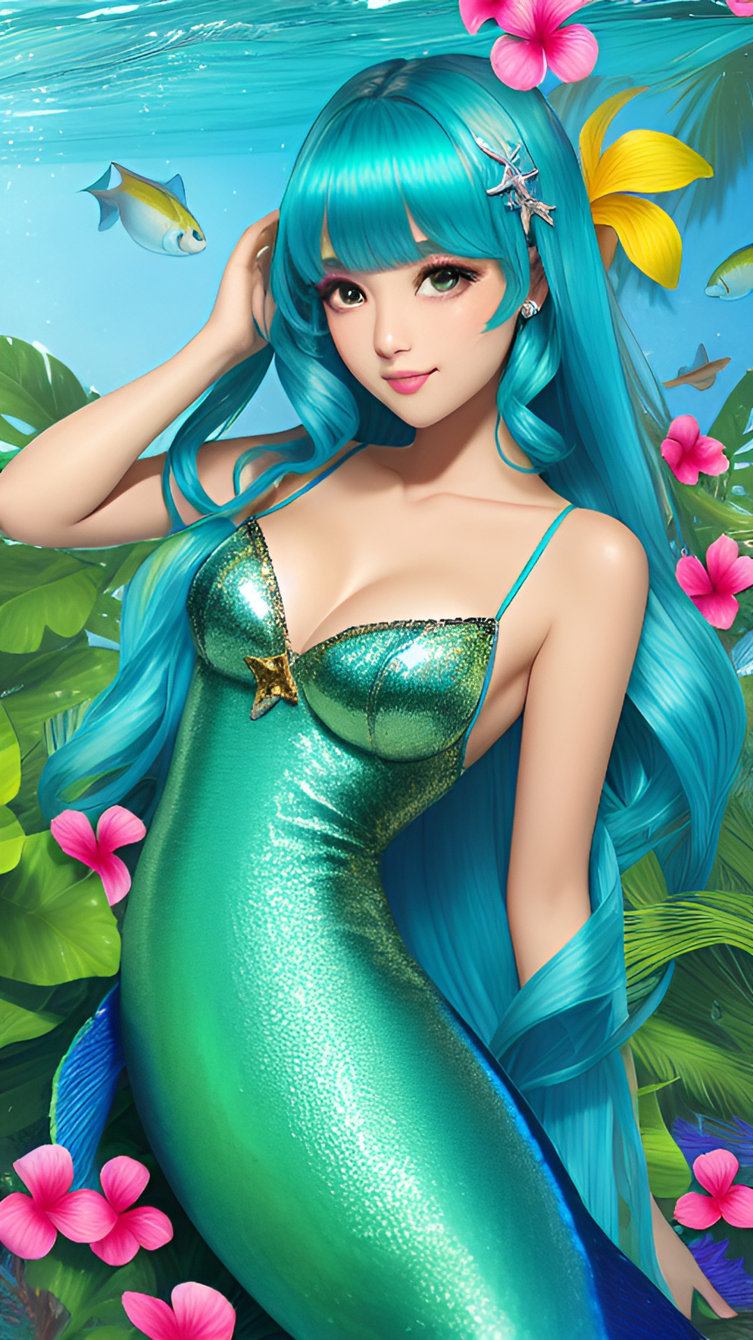 tropical mermaid. shimmer. almond-shaped eyes, clear without blur. preview