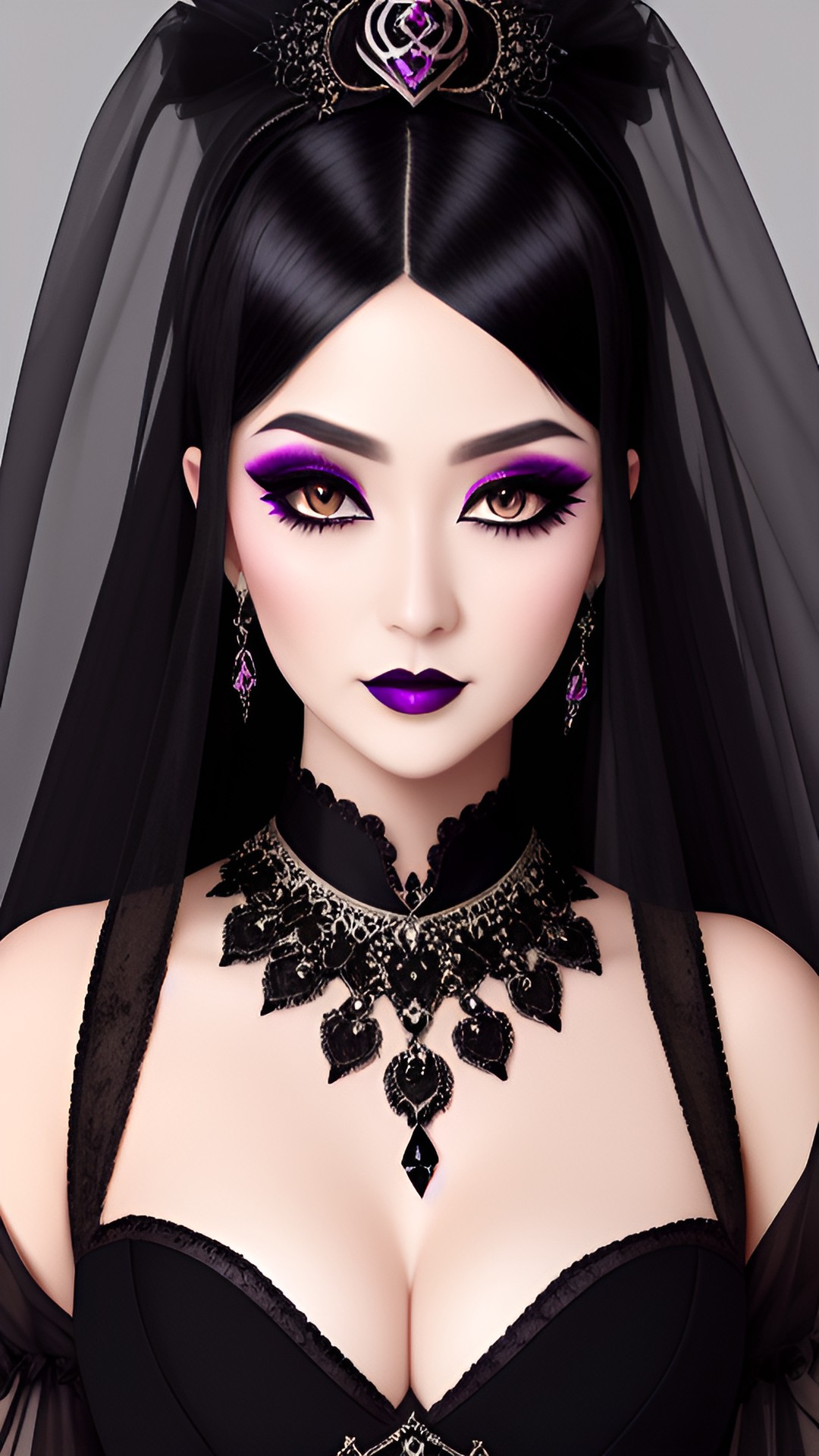 mystic empress black makeup , goth gown with sweetheart chest. oriental eye cut, clear without blur. preview