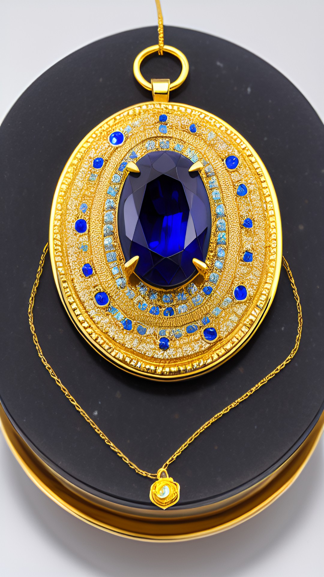 " gold pendant , sapphire inclusions , marble table , splashes of water " preview