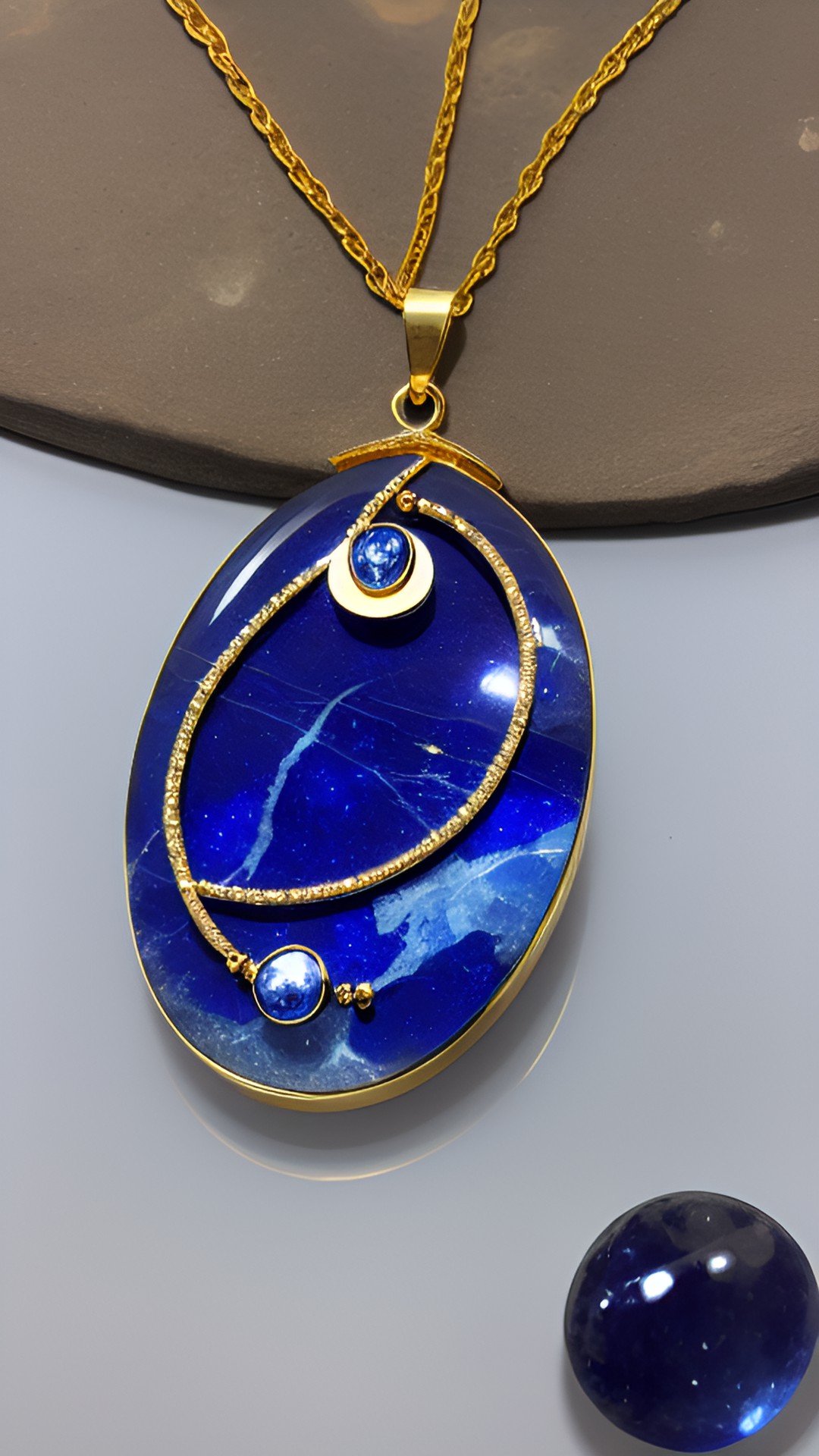 "gold pendant, sapphire inclusions, marble table, splashes of water, in the shape of the moon preview