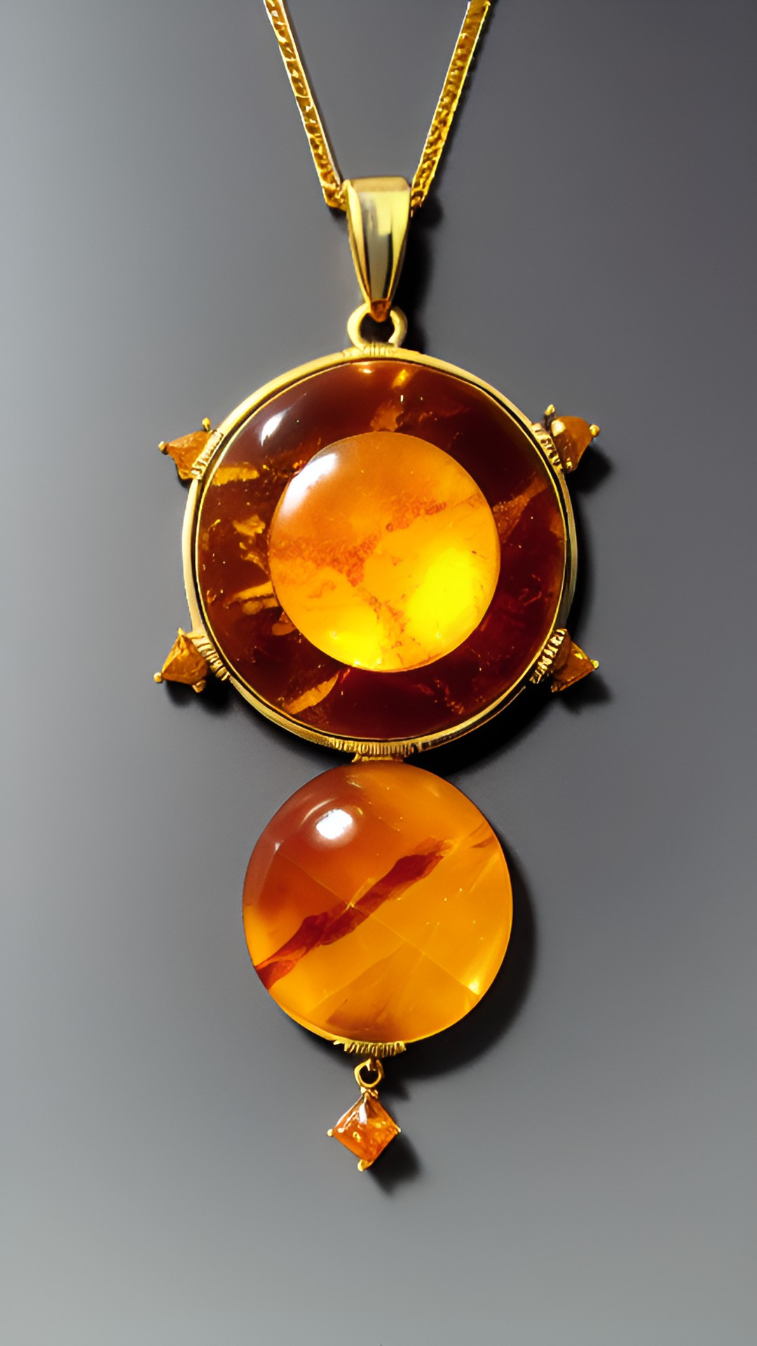 "gold pendant, amber inclusions, marble table, splashes of water, in the shape of the sun. preview