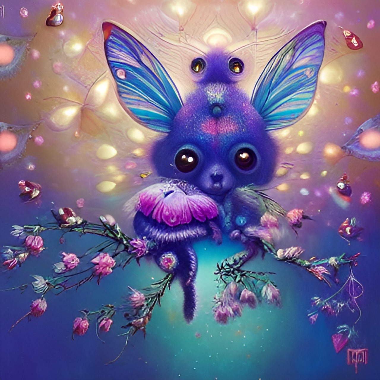 tiny fantasy animal, fluffy, portrait, fairy lights, gems preview