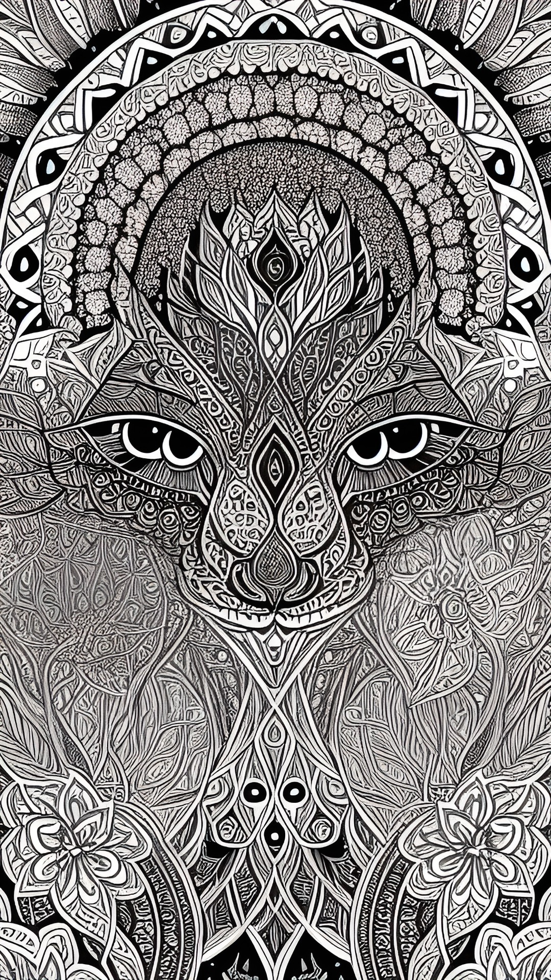 detailed mandala style coloring sheet, black and white, psychedelic, eyes, tree roots, high definition, 8.5x11” preview