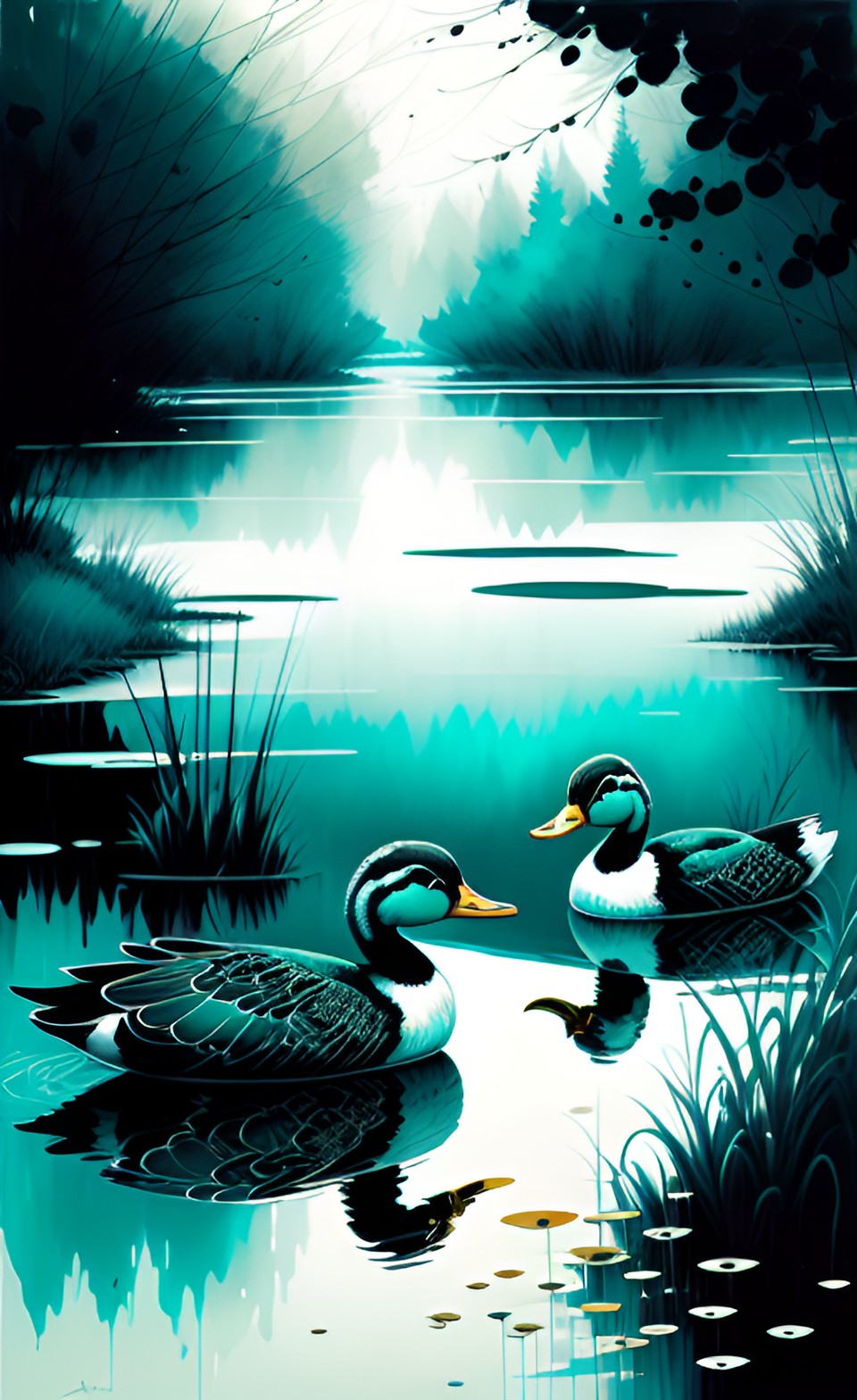 ducks in ink - teal ducks on pond preview