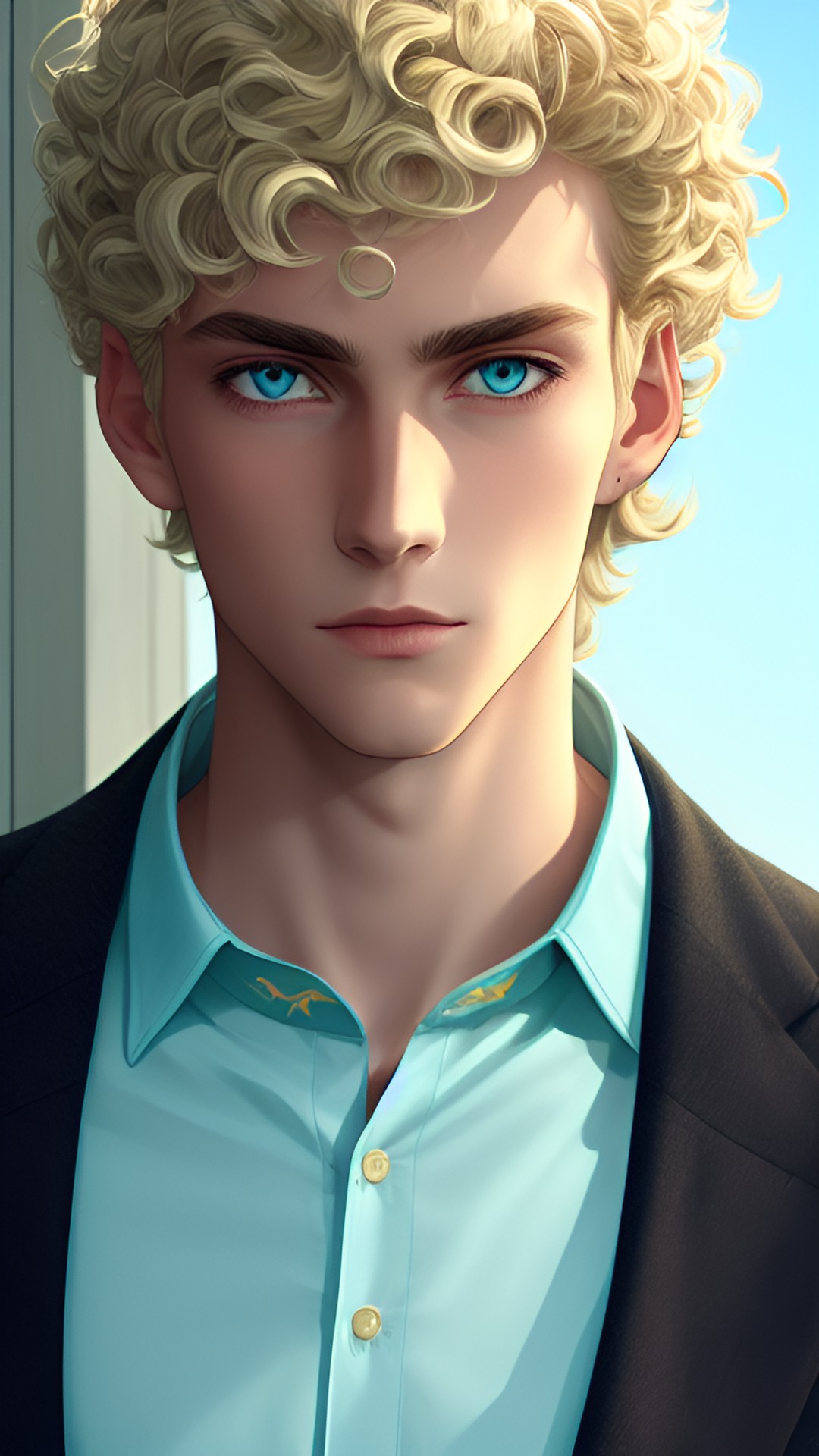 the guy is tall and thin, he has broad shoulders, green-blue eyes, blond white-gold hair, curly to the end.  he has pointy ears preview