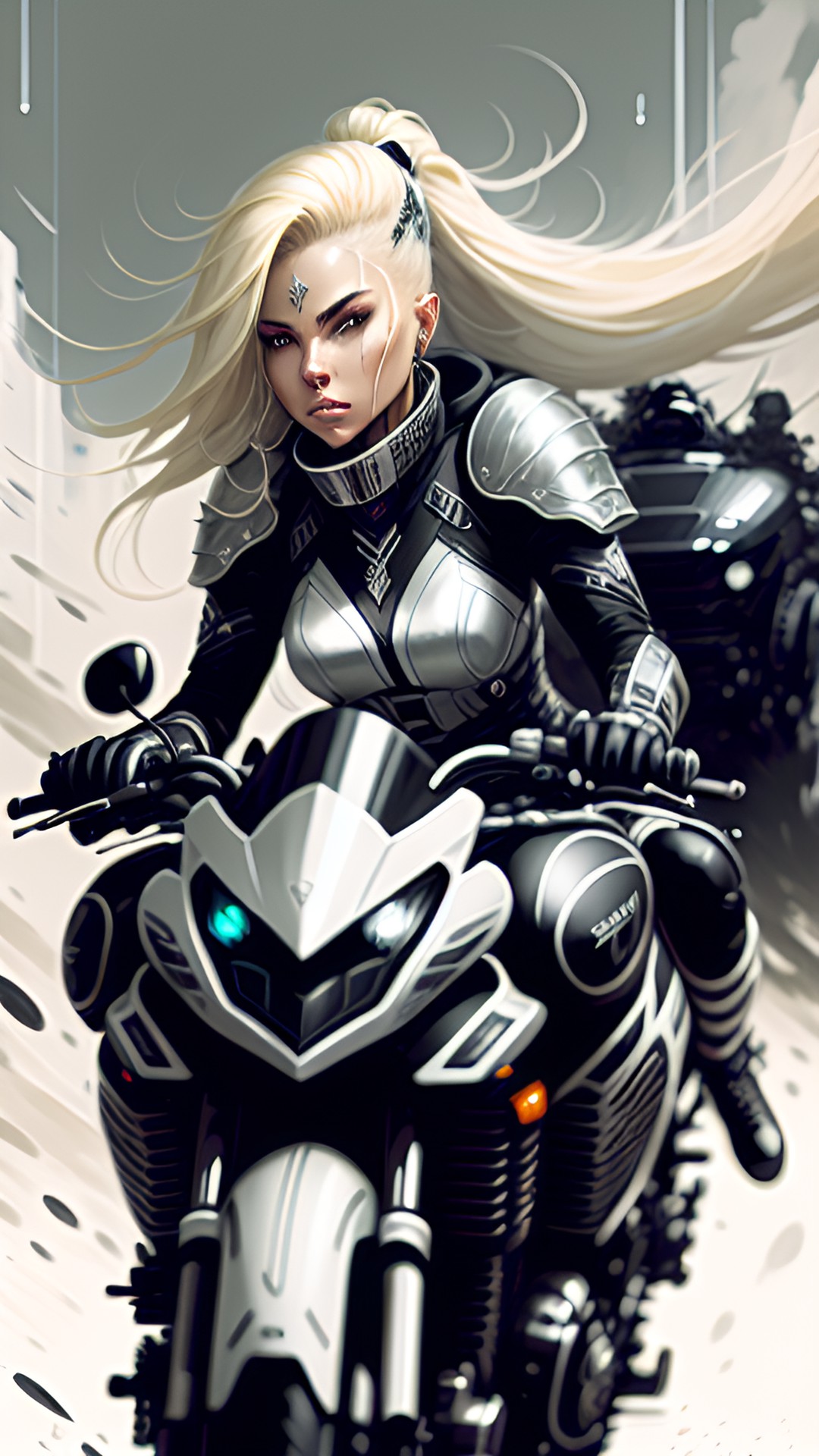 elf woman cyborg. blond hair. riding on heavy bike. sci-fi. preview