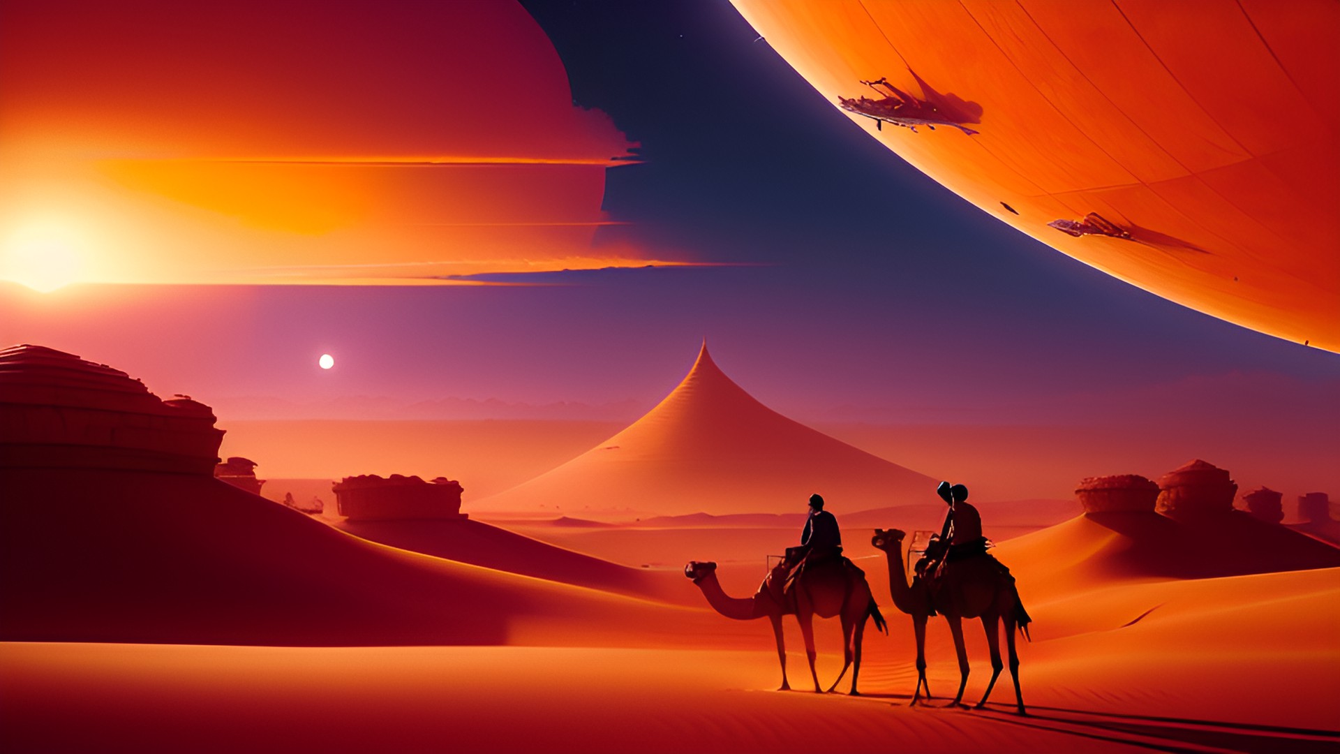 Traveling The Desert - african desert, camels, red and orange sky preview