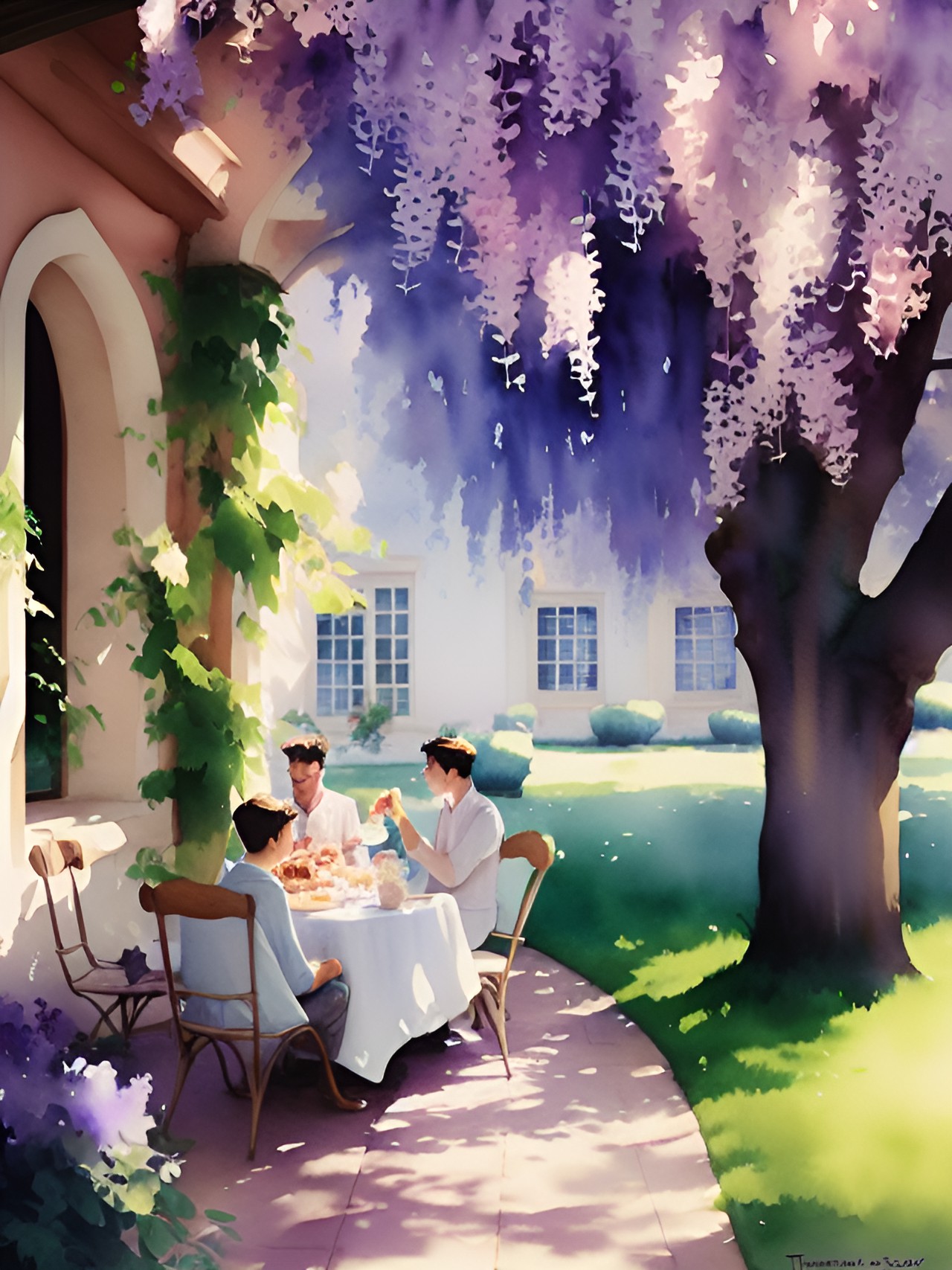 Wisteria Lunch - friends having cake under wisteria trees. preview