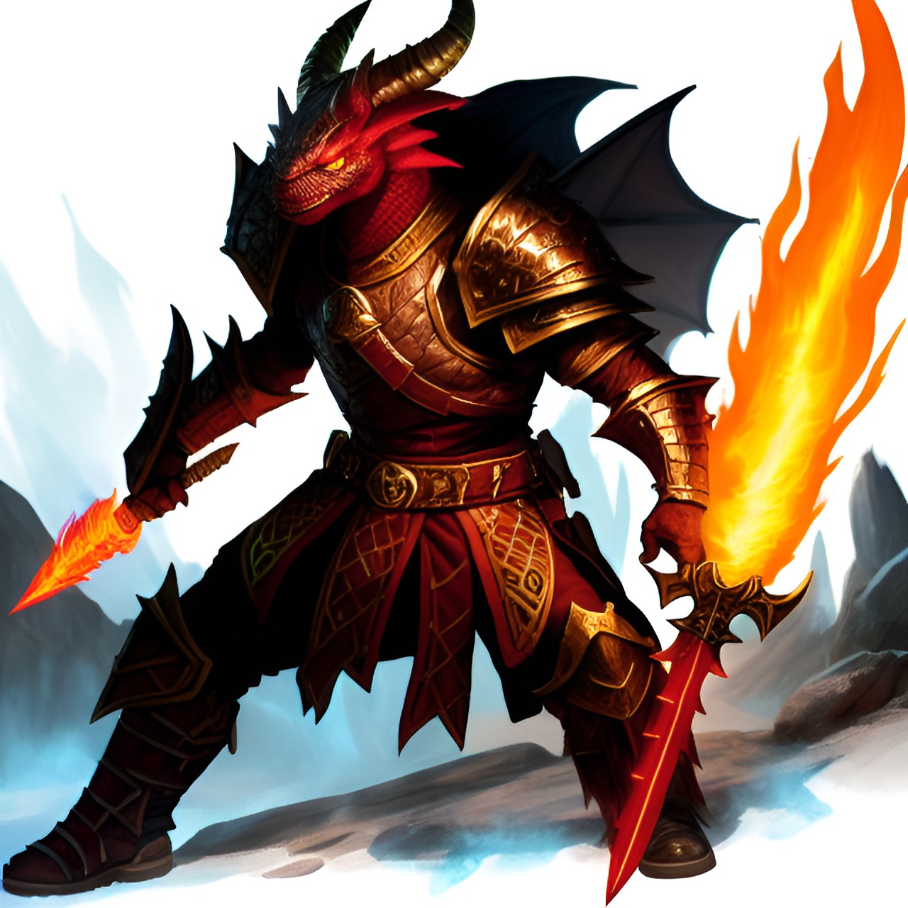 d&d, dragonborn, flaming daggers - dragonborn warrior wielding flaming daggers in each hand. his eyes glow as he faces down his enemies on the battlefield of a d&d adventure. preview