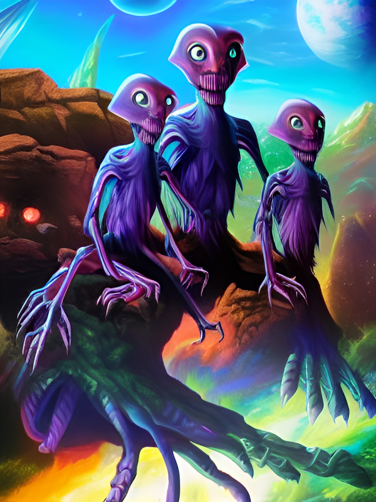 Ya thatโs not spooky - three aliens perched on a rock - three towering, iridescent aliens with multiple limbs and sharp, clawed appendages perched ominously atop a jagged, rocky terrain, scanning their surroundings with glowing eyes preview