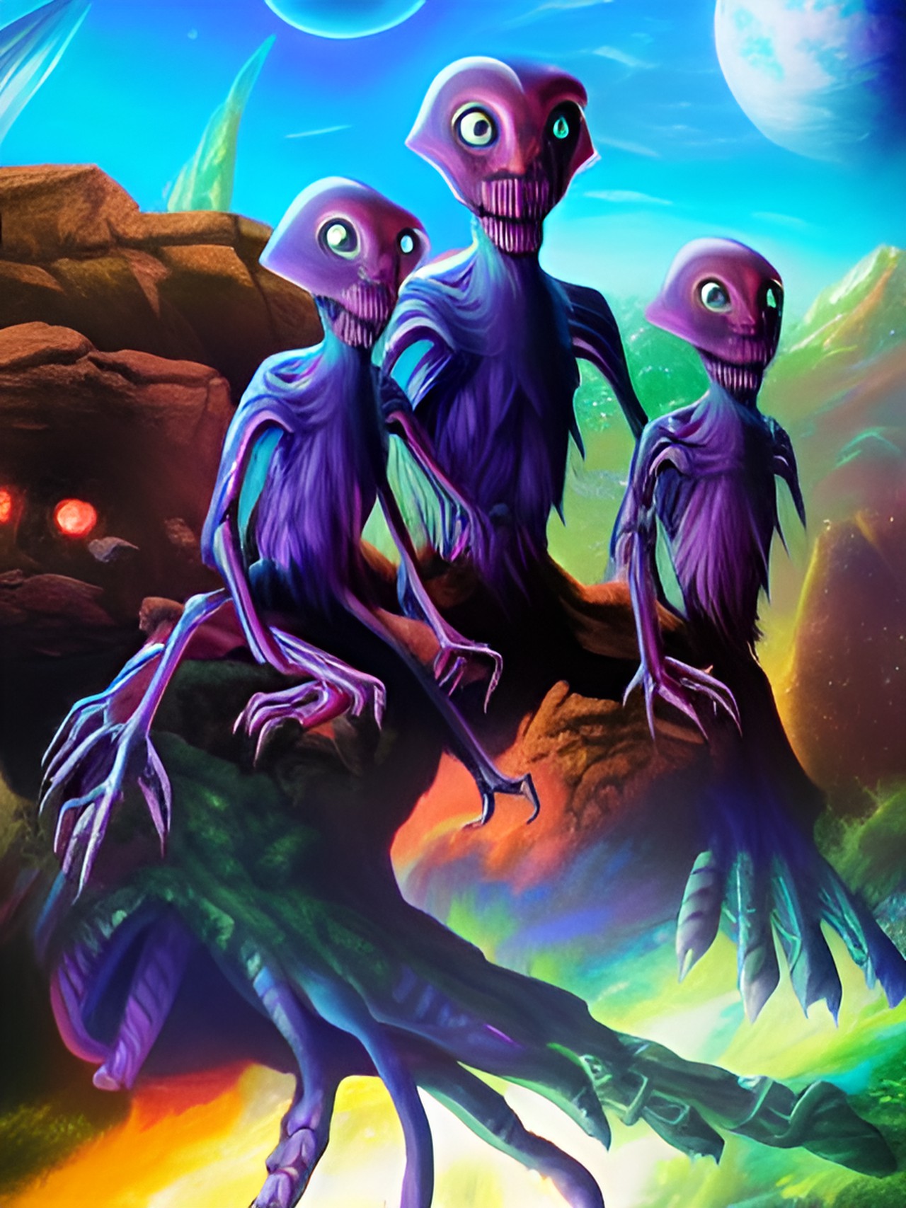 Ya that’s not spooky - three aliens perched on a rock  - three towering, iridescent aliens with multiple limbs and sharp, clawed appendages perched ominously atop a jagged, rocky terrain, scanning their surroundings with glowing eyes preview