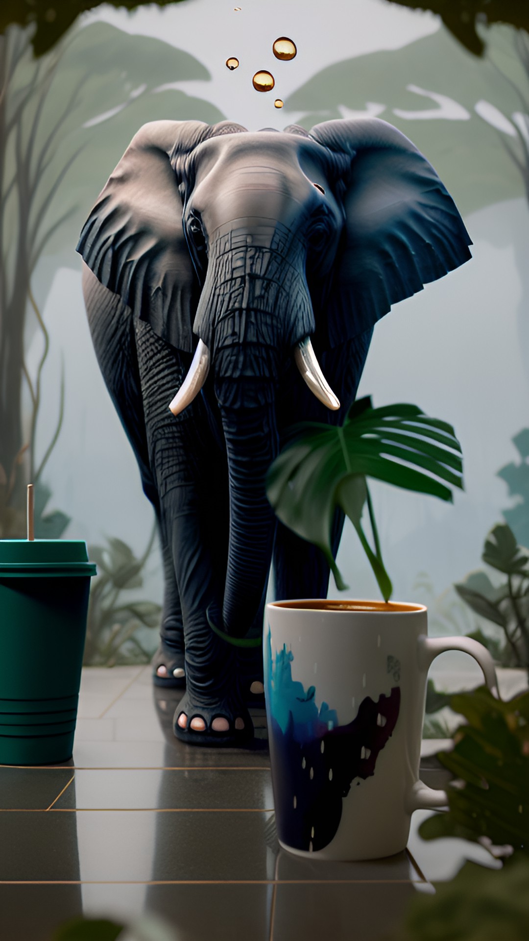 Elephant Memory Brew - an elephant standing in the rain, covering a cup of coffee with a large leaf in its trunk preview